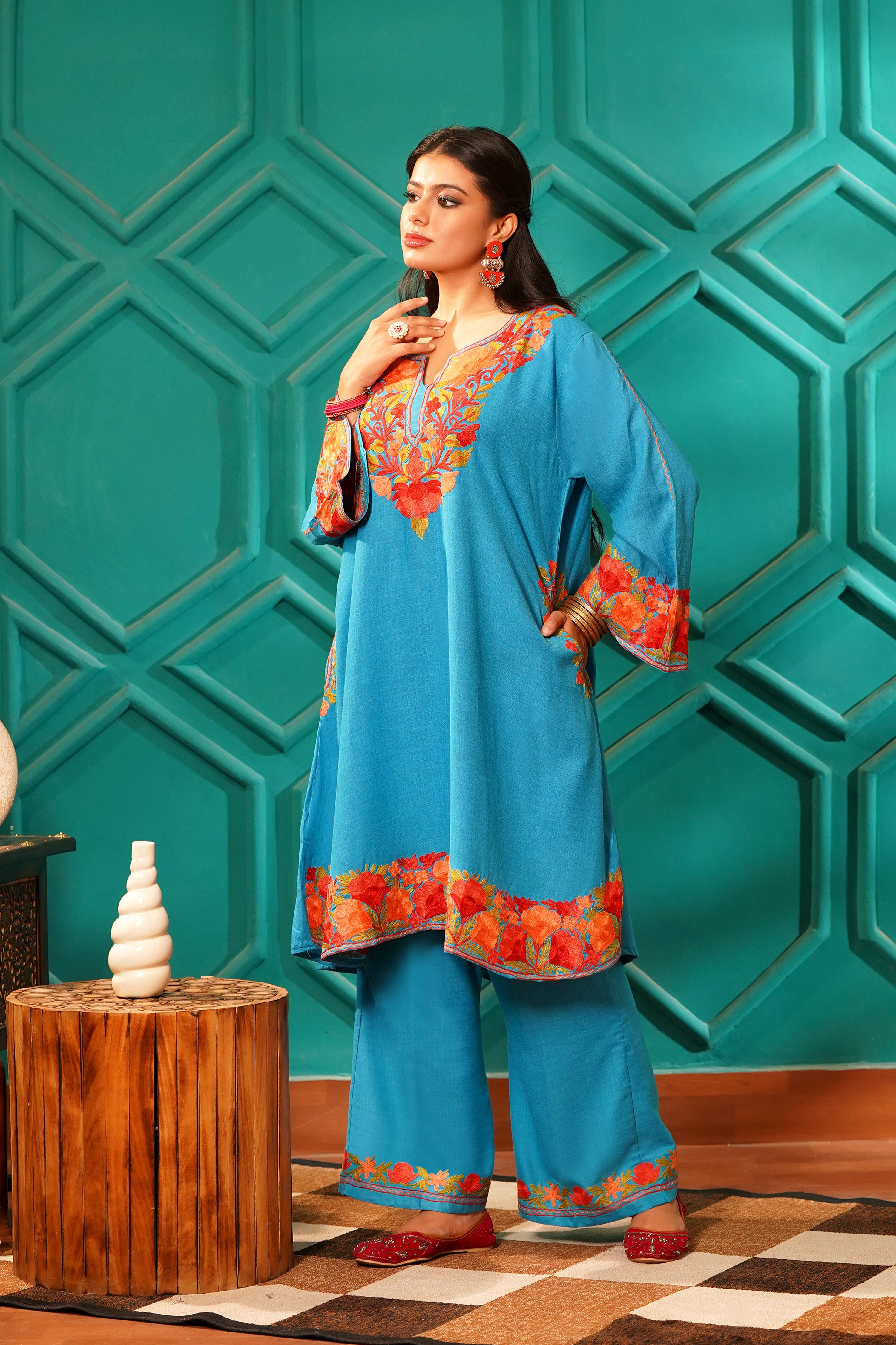 Kashmiri Bouquet Malai Cotton Tunic & Pant Set - Turquoise Royale