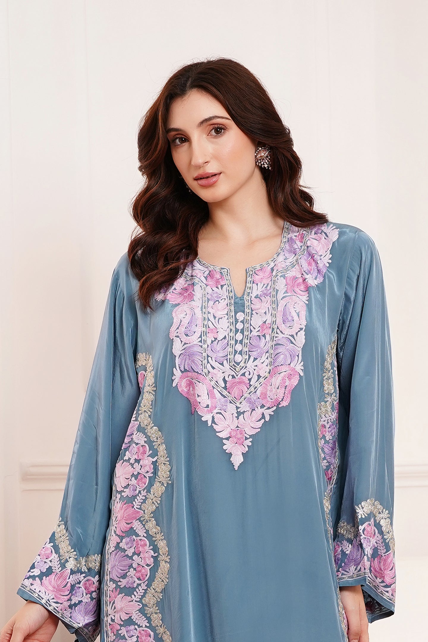 Kashmiri AARI WORK Pure Crepe suit 3pcs - Dusty Sapphire
