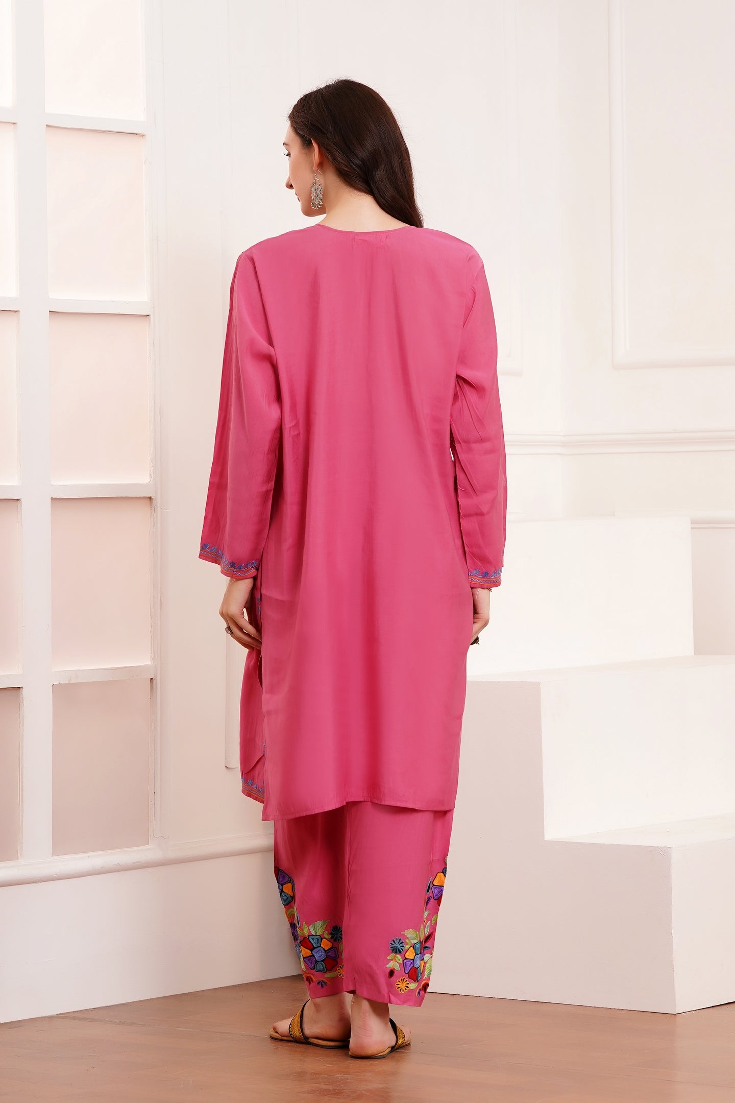 Kashmiri Aari work Roman Cotton Muslin 3pc Suit - Royal Fuchsia Blossom