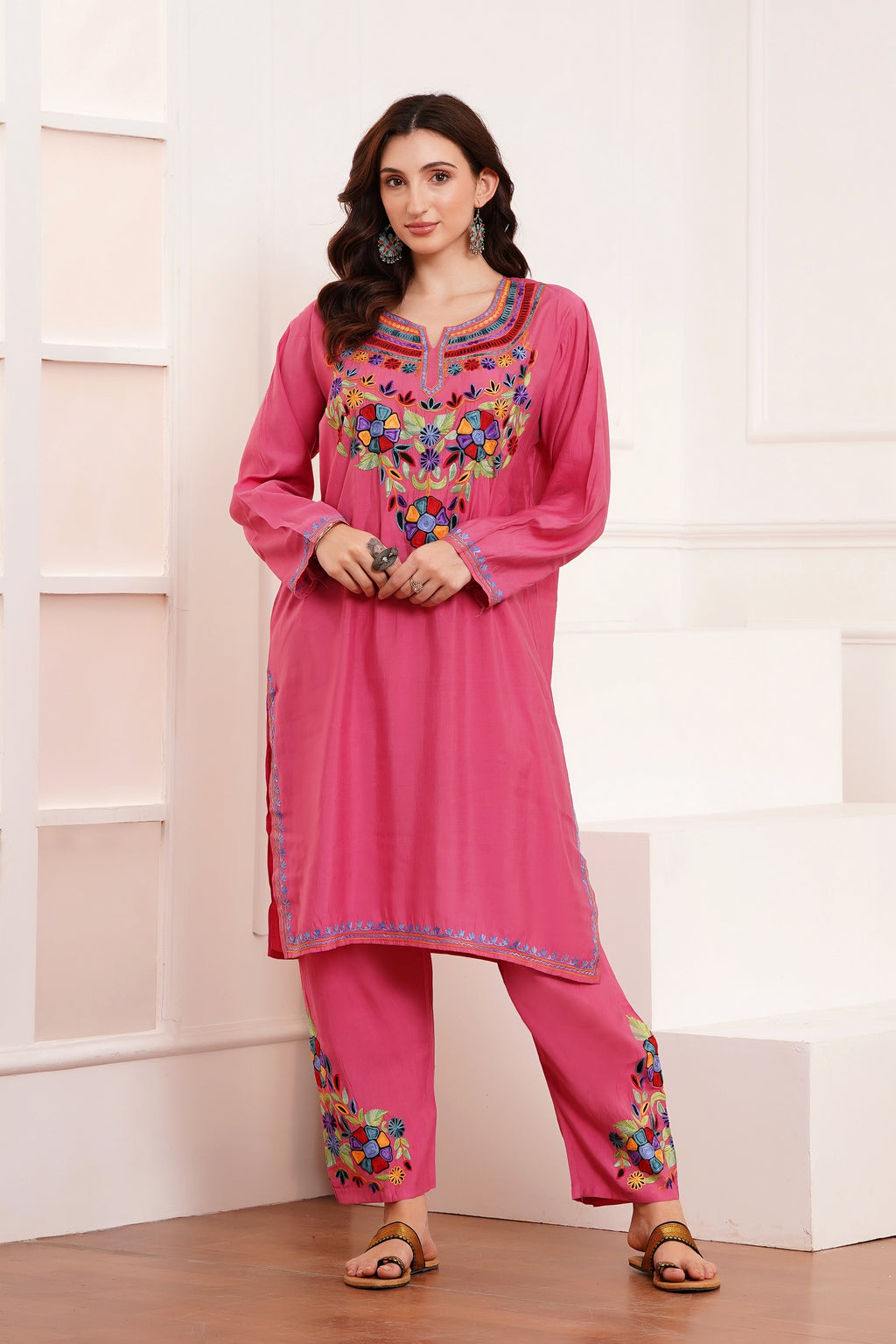 Kashmiri Aari work Roman Cotton Muslin 3pc Suit - Royal Fuchsia Blossom