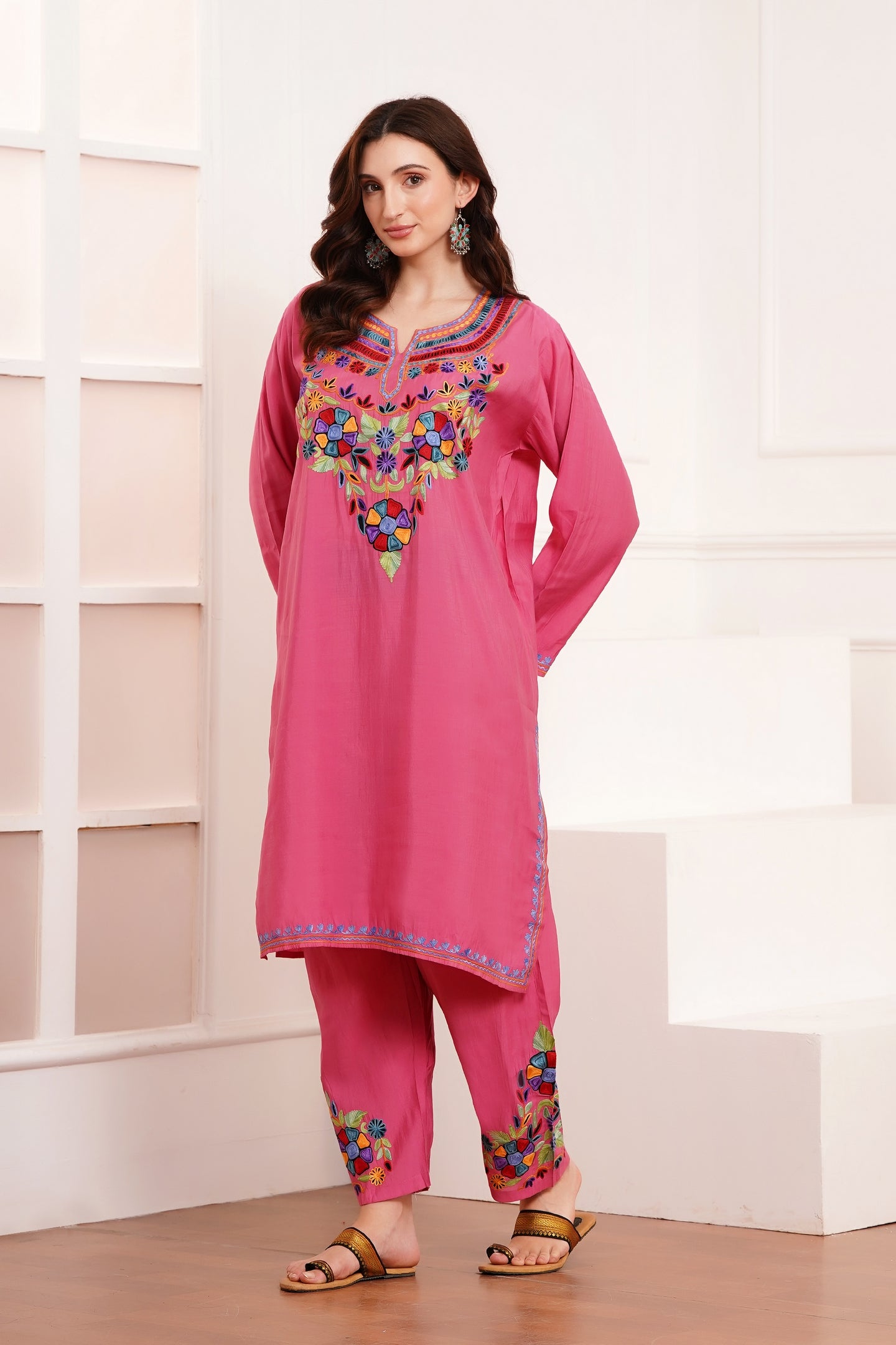 Kashmiri Aari work Roman Cotton Muslin 3pc Suit - Royal Fuchsia Blossom