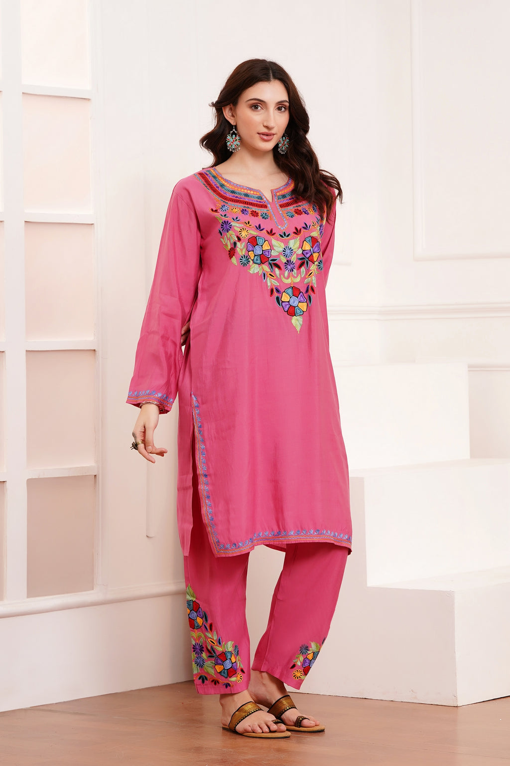 Kashmiri Aari work Roman Cotton Muslin 3pc Suit - Royal Fuchsia Blossom