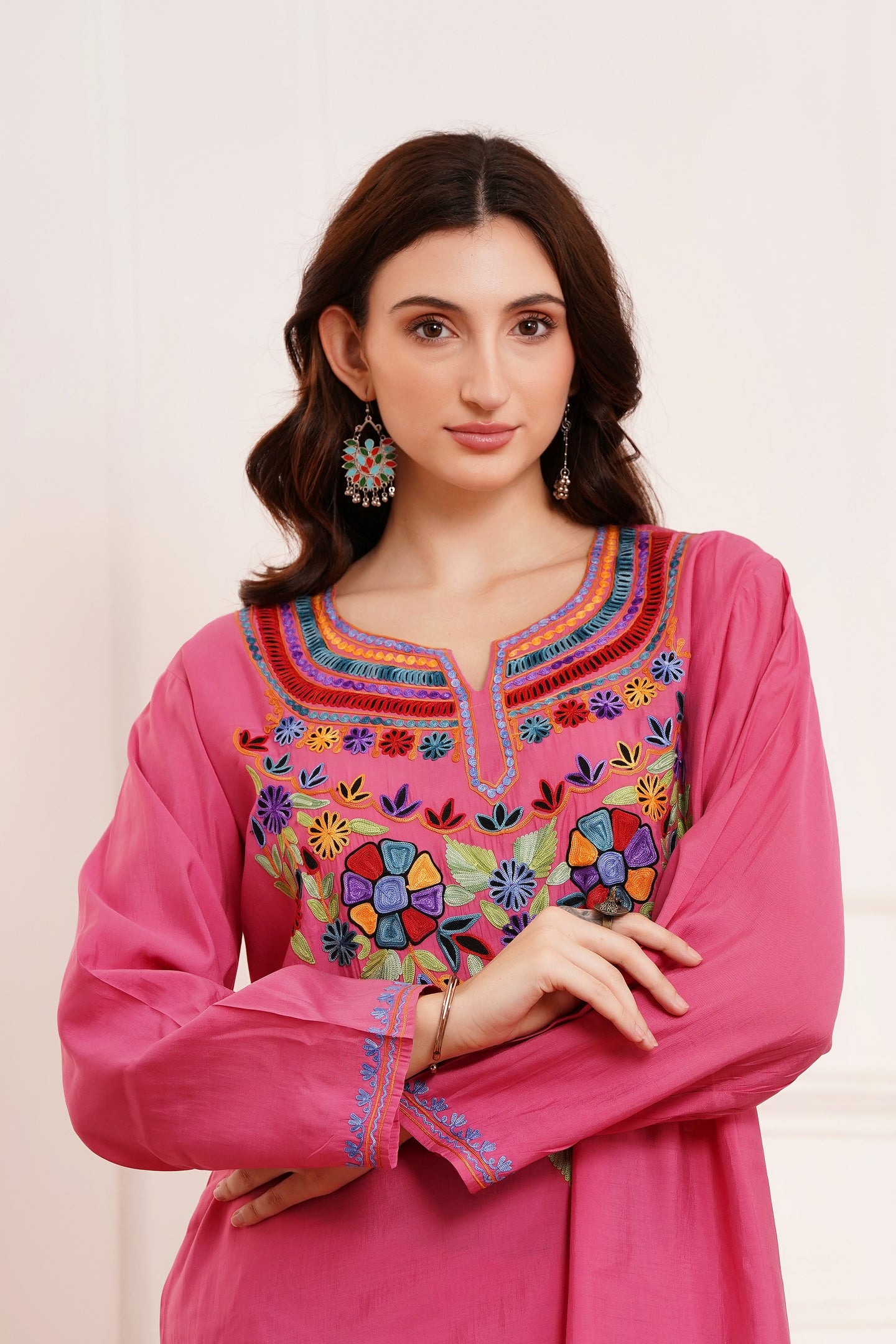 Kashmiri Aari work Roman Cotton Muslin 3pc Suit - Royal Fuchsia Blossom