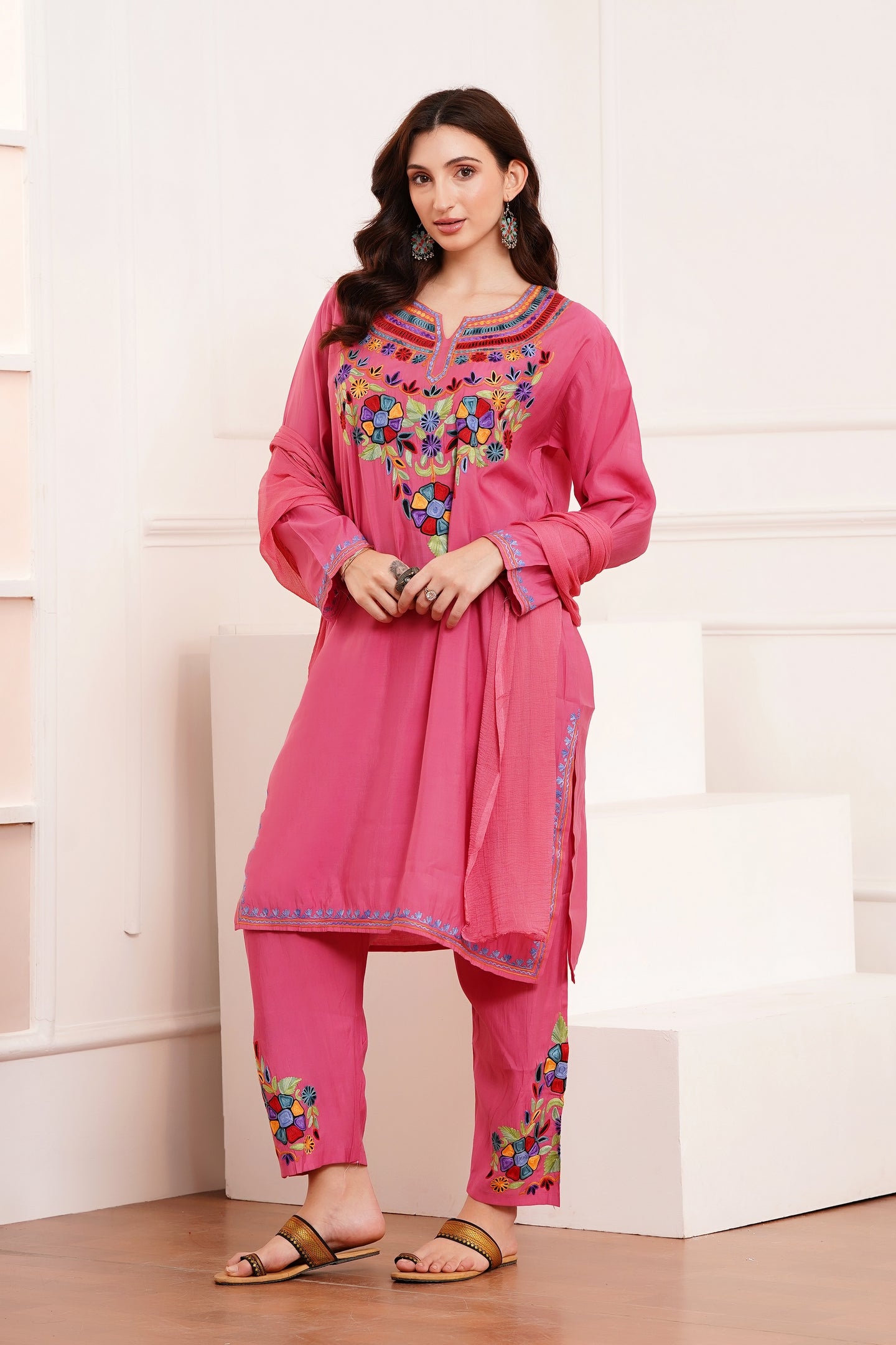 Kashmiri Aari work Roman Cotton Muslin 3pc Suit - Royal Fuchsia Blossom