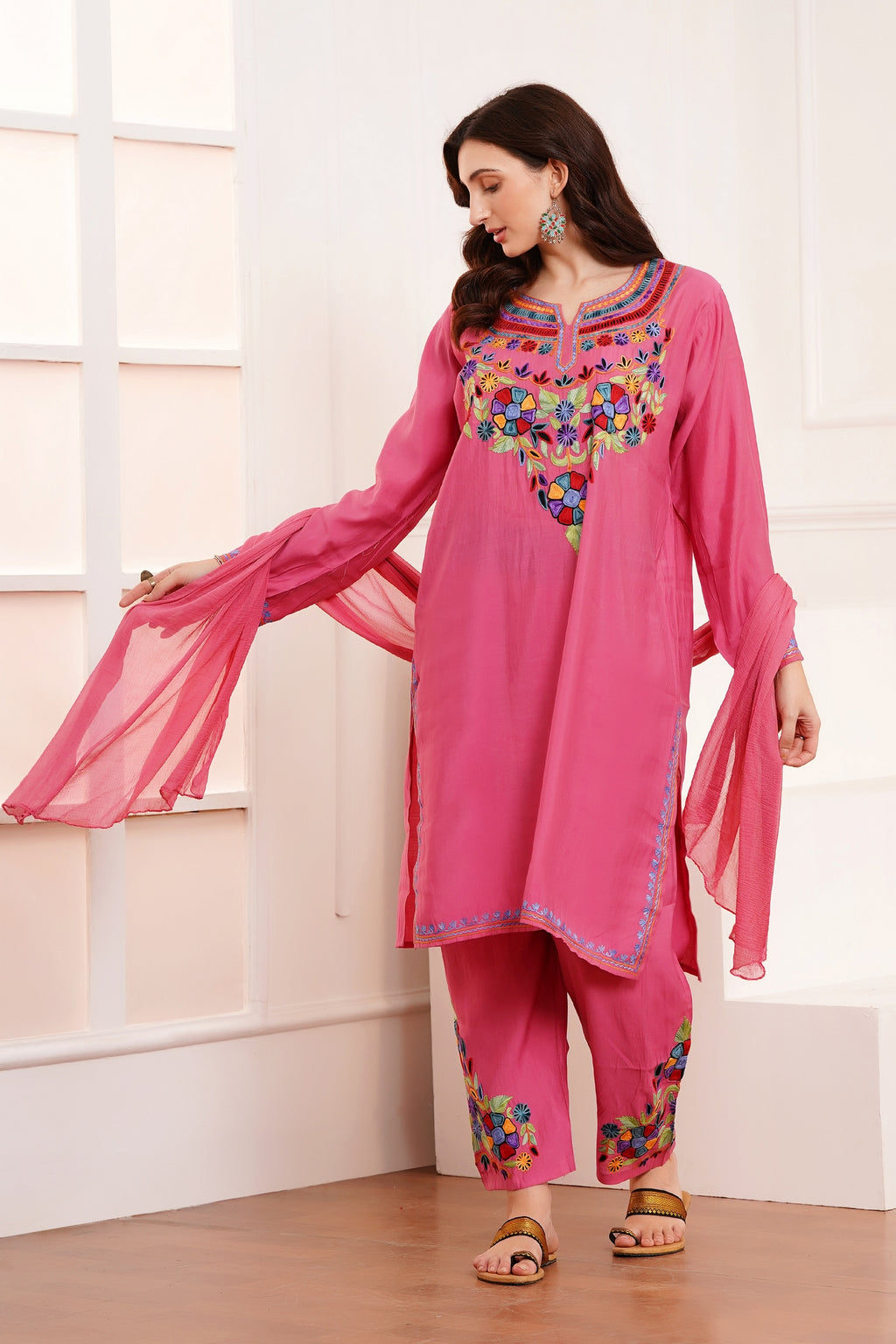 Kashmiri Aari work Roman Cotton Muslin 3pc Suit - Royal Fuchsia Blossom
