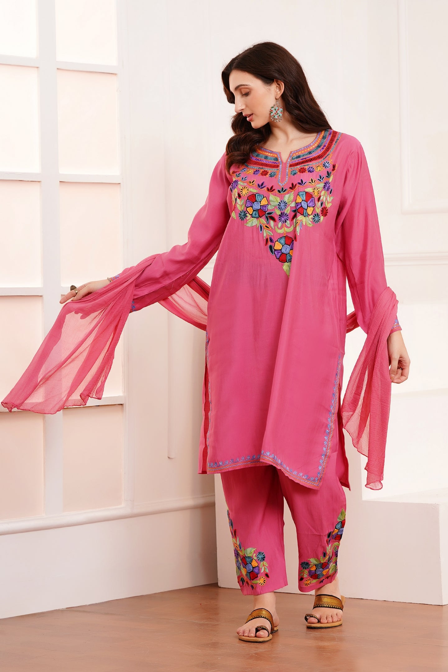 Kashmiri Aari work Roman Cotton Muslin 3pc Suit - Royal Fuchsia Blossom