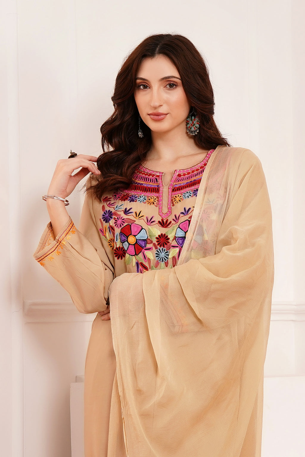 Kashmiri Aari work Roman Cotton Muslin 3pc Suit - Desert Cashmere