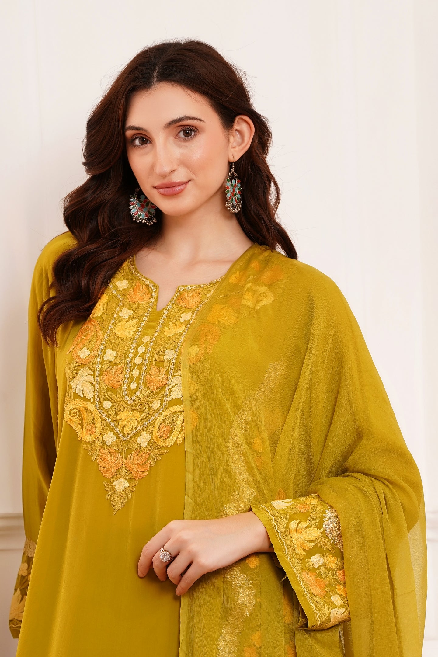 Kashmiri AARI WORK Pure Crepe suit 3pcs - Mustard Gold