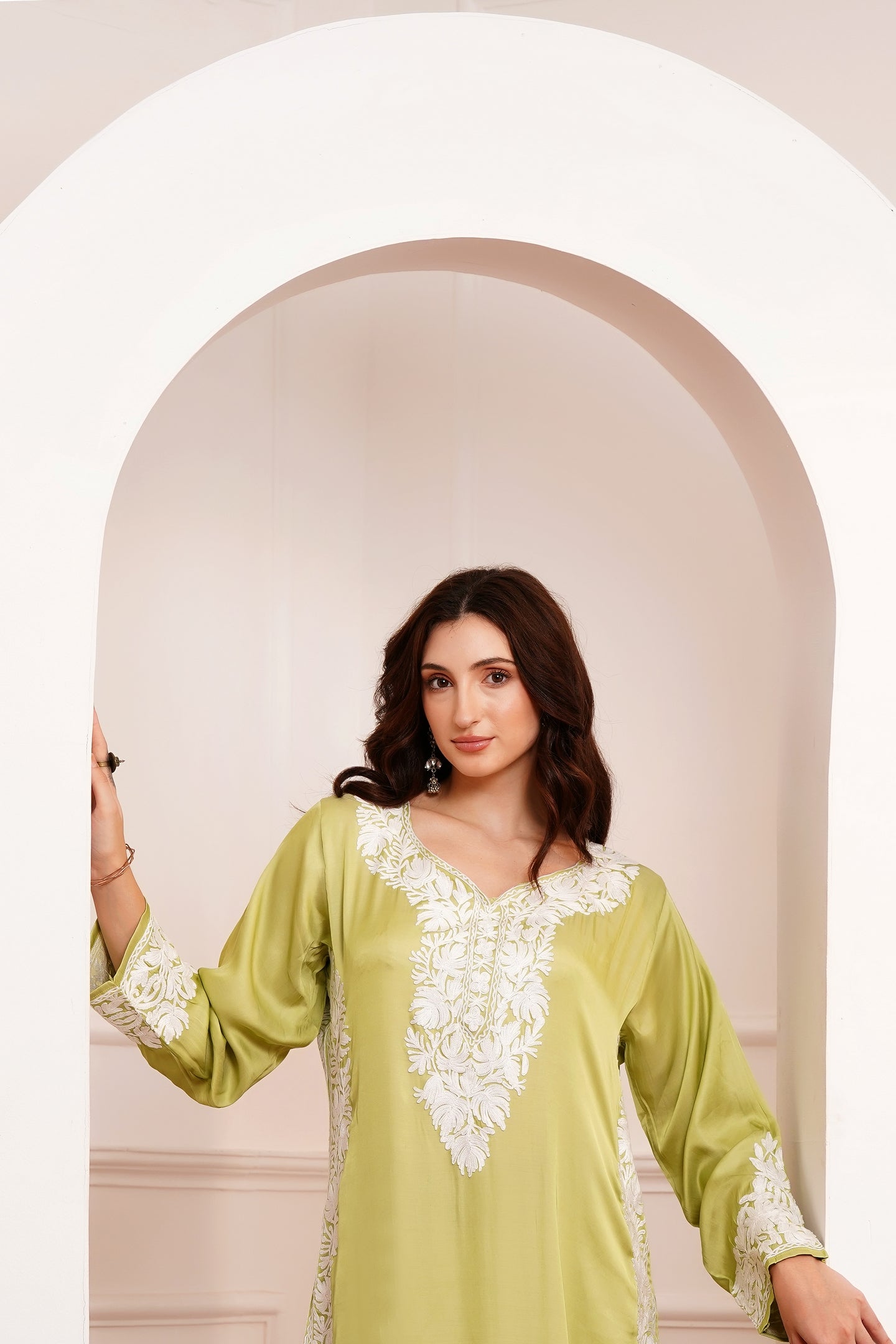 Kashmiri AARI WORK Pure Crepe suit 3pcs - Pistachio Mist