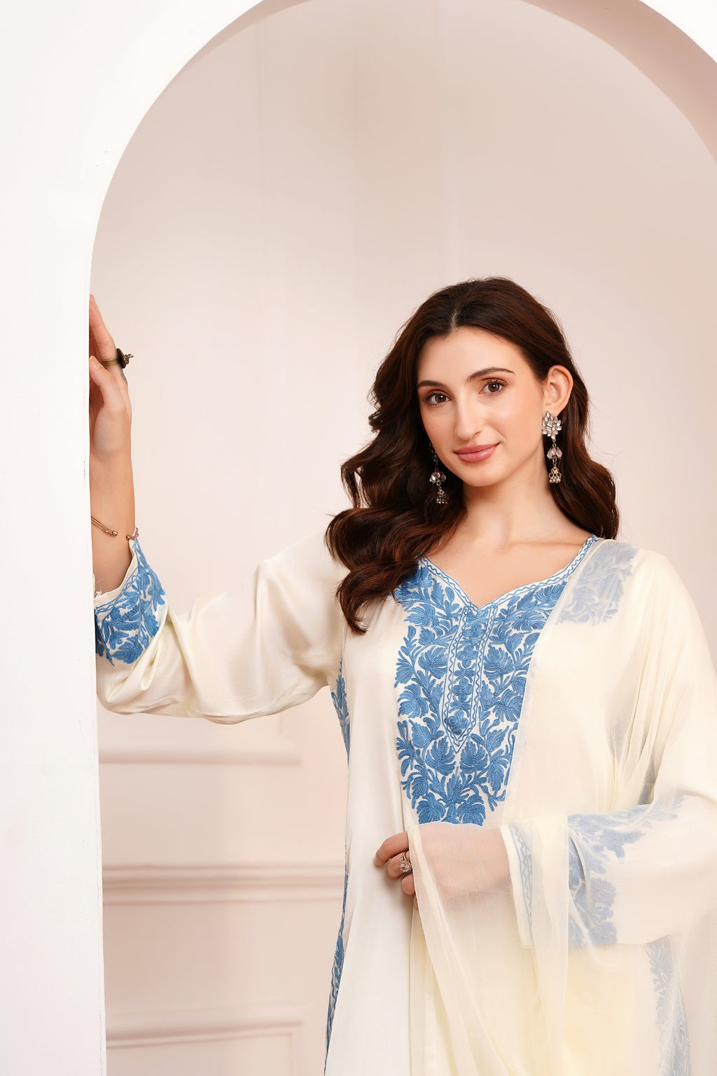 Kashmiri AARI WORK Pure Crepe suit 3pcs - Ivory & Sky Blue