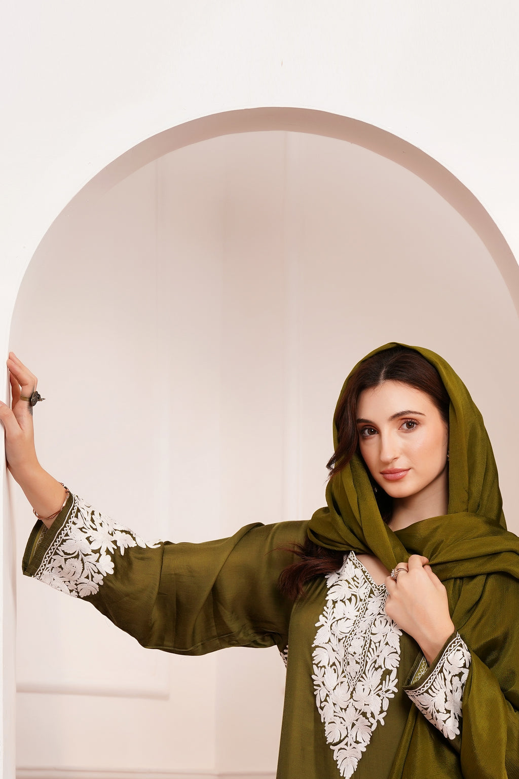 Kashmiri AARI WORK Pure Crepe suit 3pcs - Olive Green