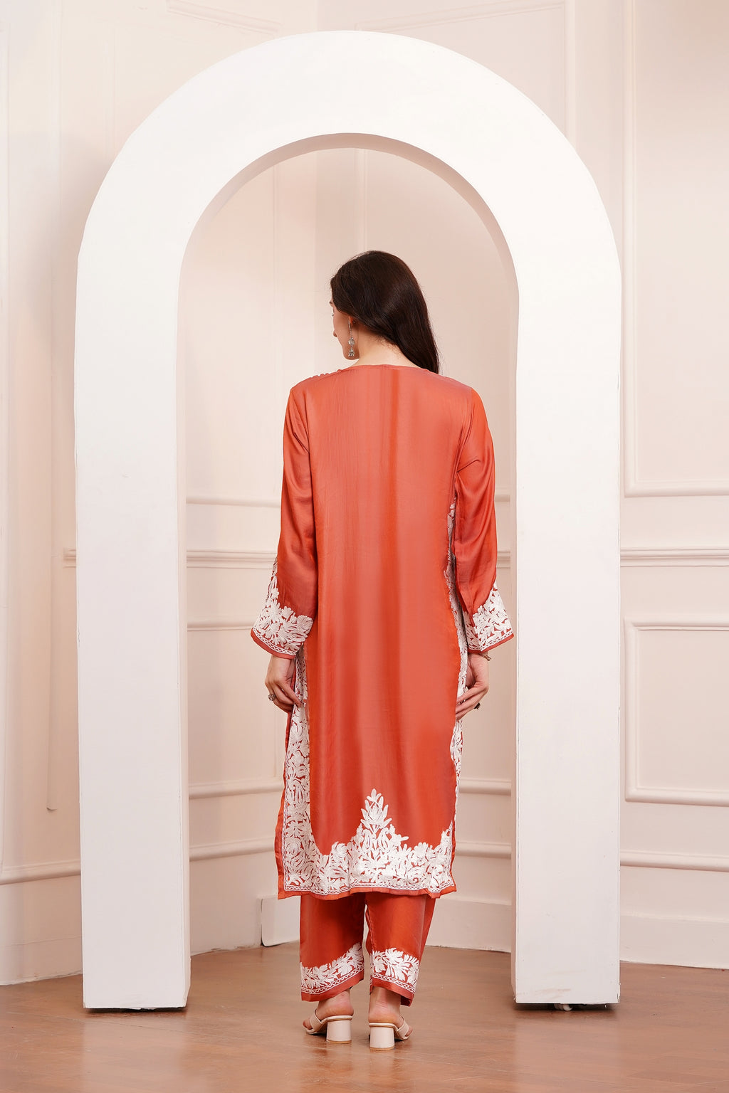 Kashmiri AARI WORK Pure Crepe suit 3pcs - Rust Orange