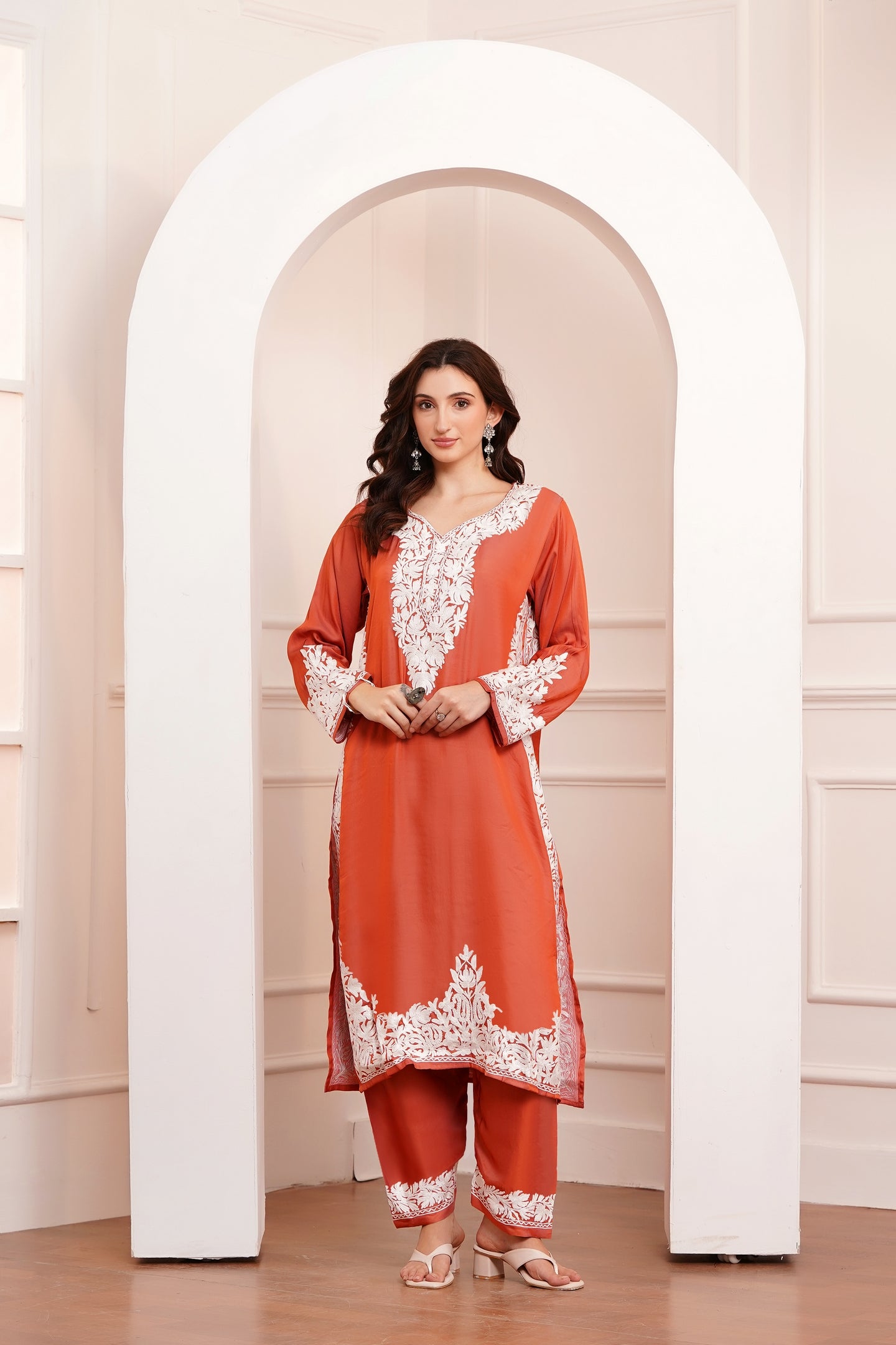 Kashmiri AARI WORK Pure Crepe suit 3pcs - Rust Orange