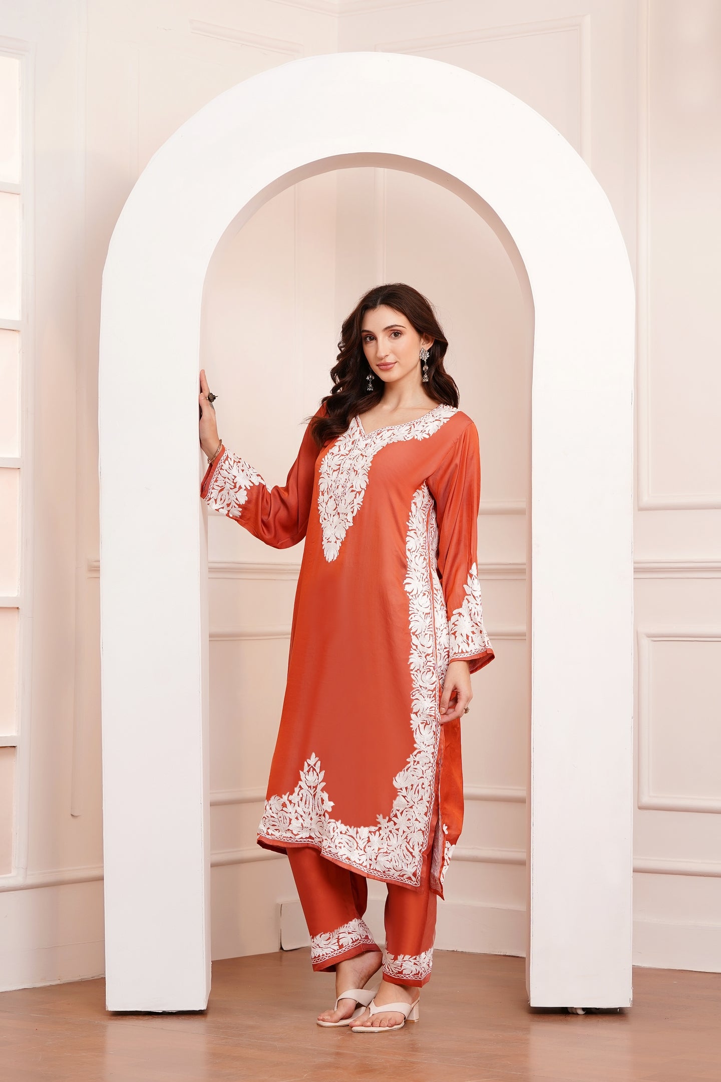 Kashmiri AARI WORK Pure Crepe suit 3pcs - Rust Orange