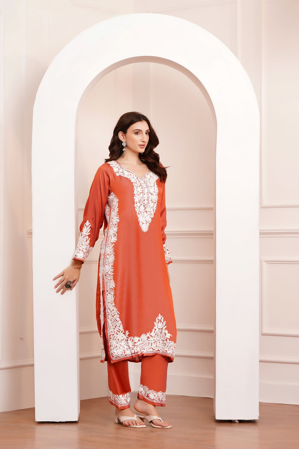 Kashmiri AARI WORK Pure Crepe suit 3pcs - Rust Orange