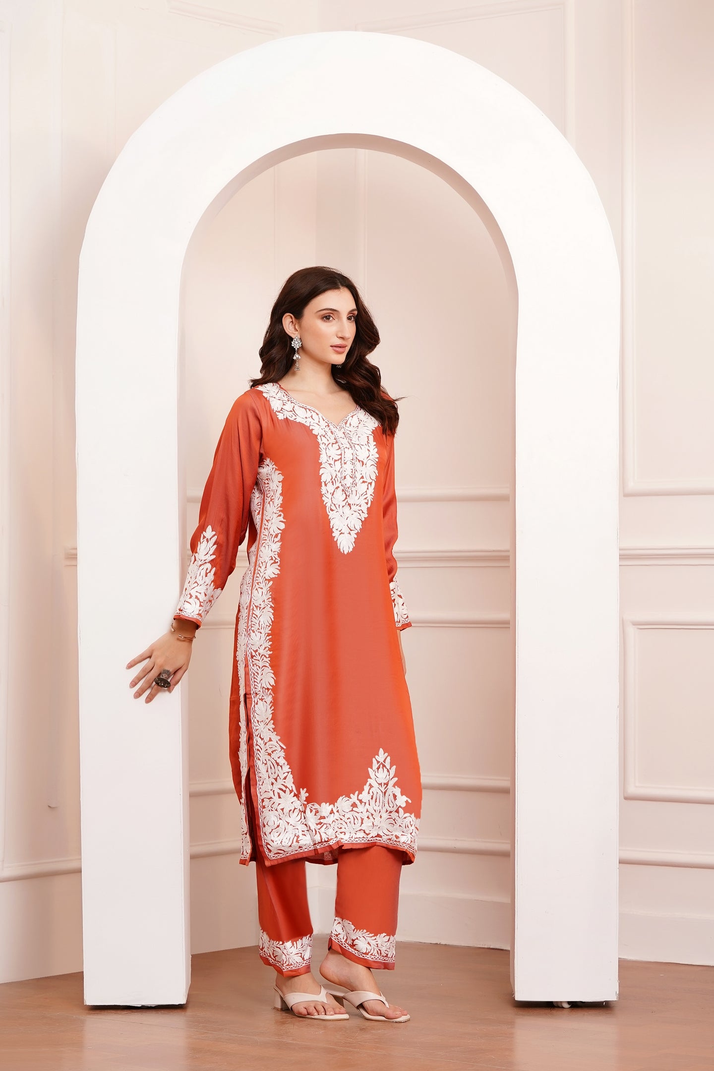 Kashmiri AARI WORK Pure Crepe suit 3pcs - Rust Orange