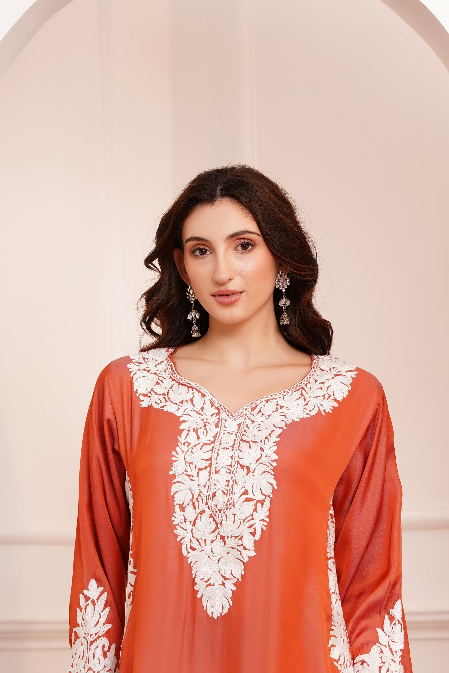 Kashmiri AARI WORK Pure Crepe suit 3pcs - Rust Orange