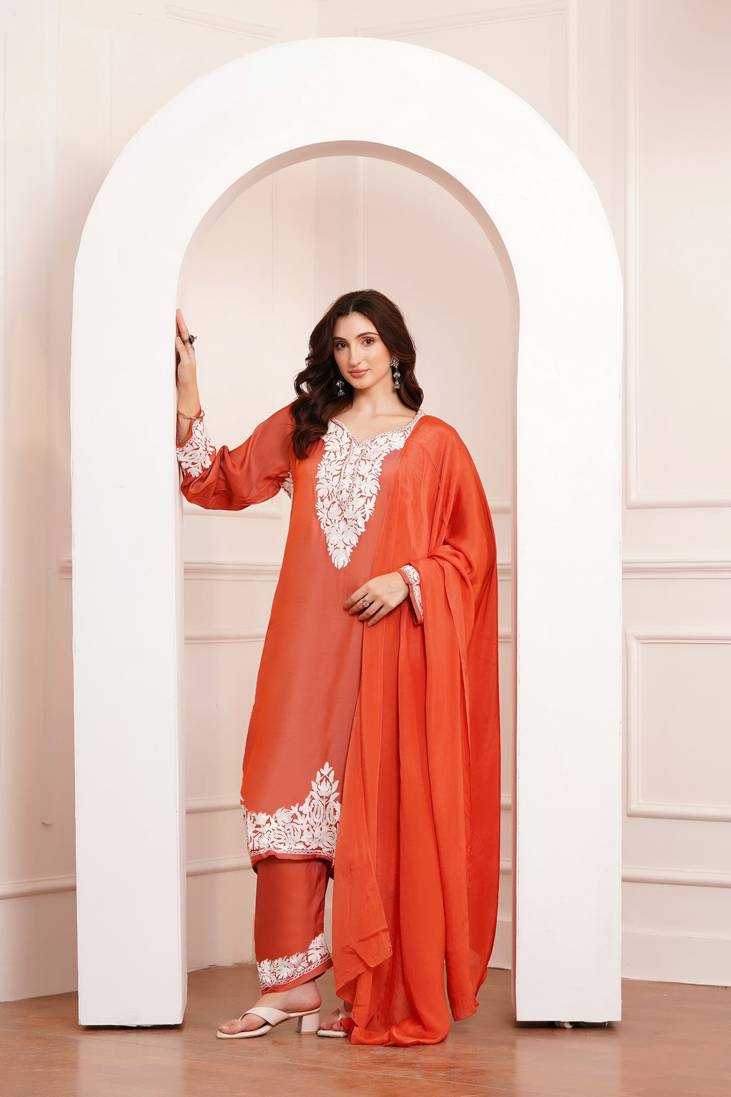 Kashmiri AARI WORK Pure Crepe suit 3pcs - Rust Orange