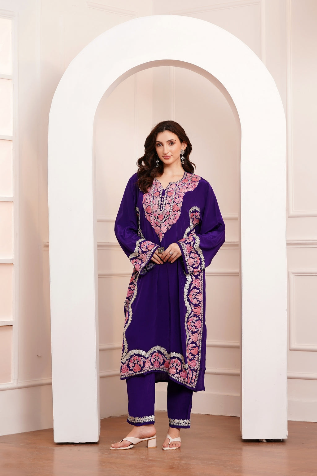 Kashmiri AARI WORK Pure Crepe suit 3pcs - Royal Purple