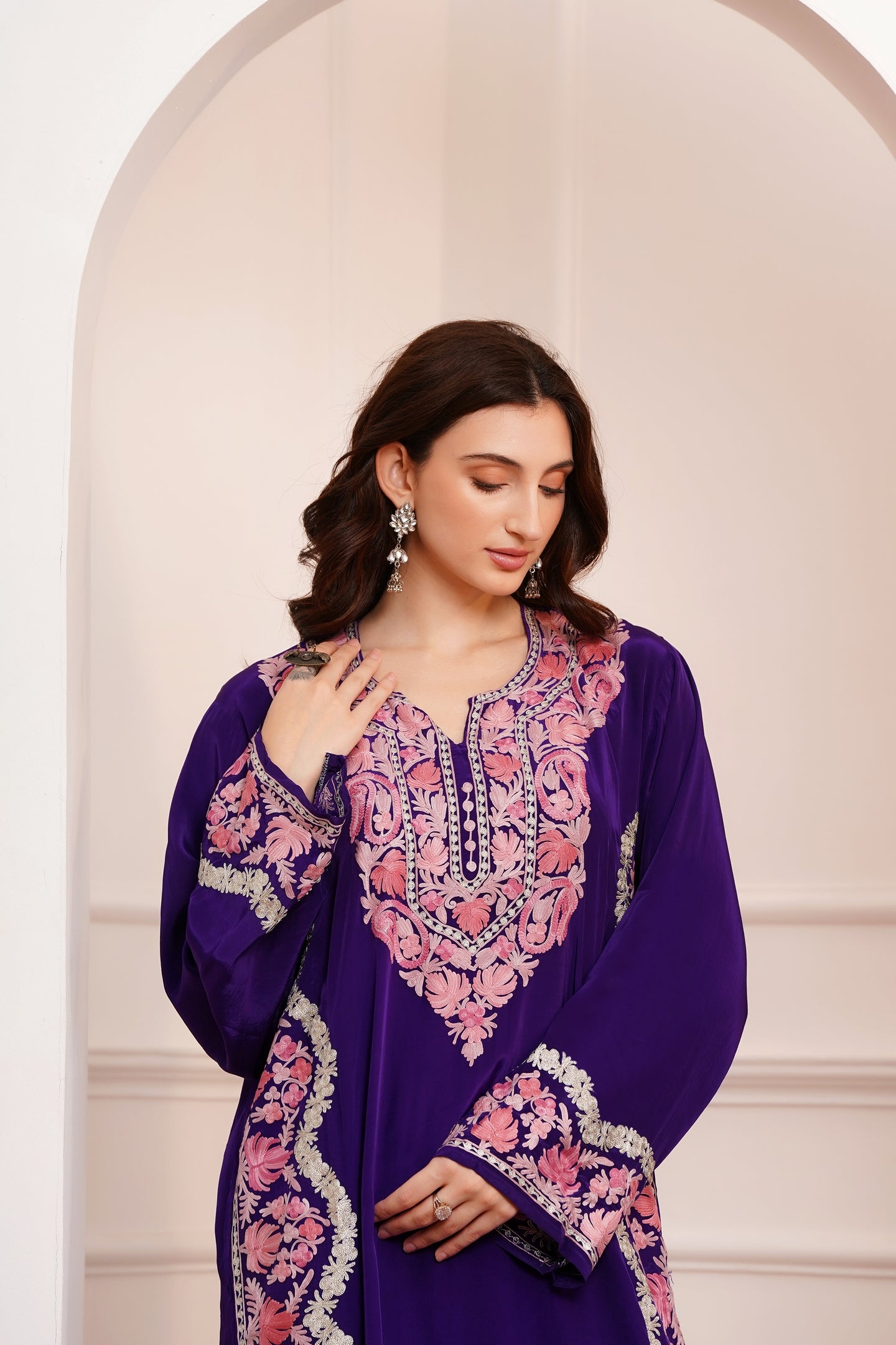 Kashmiri AARI WORK Pure Crepe suit 3pcs - Royal Purple