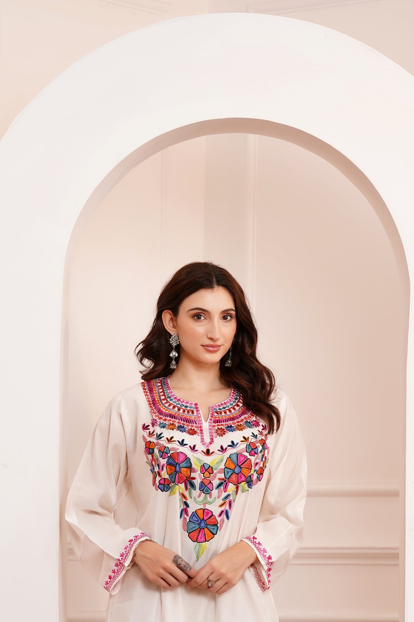 Kashmiri Aari work Roman Cotton Muslin 3pc Suit - Ivory Pearl