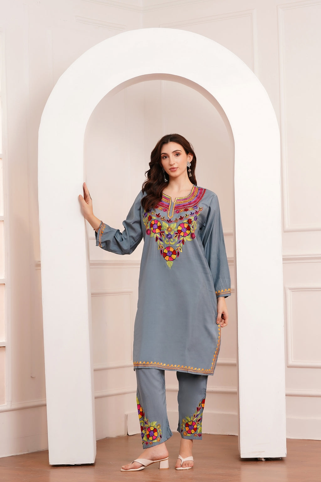 Kashmiri Aari work Roman Cotton Muslin 3pc Suit - Steel Mist