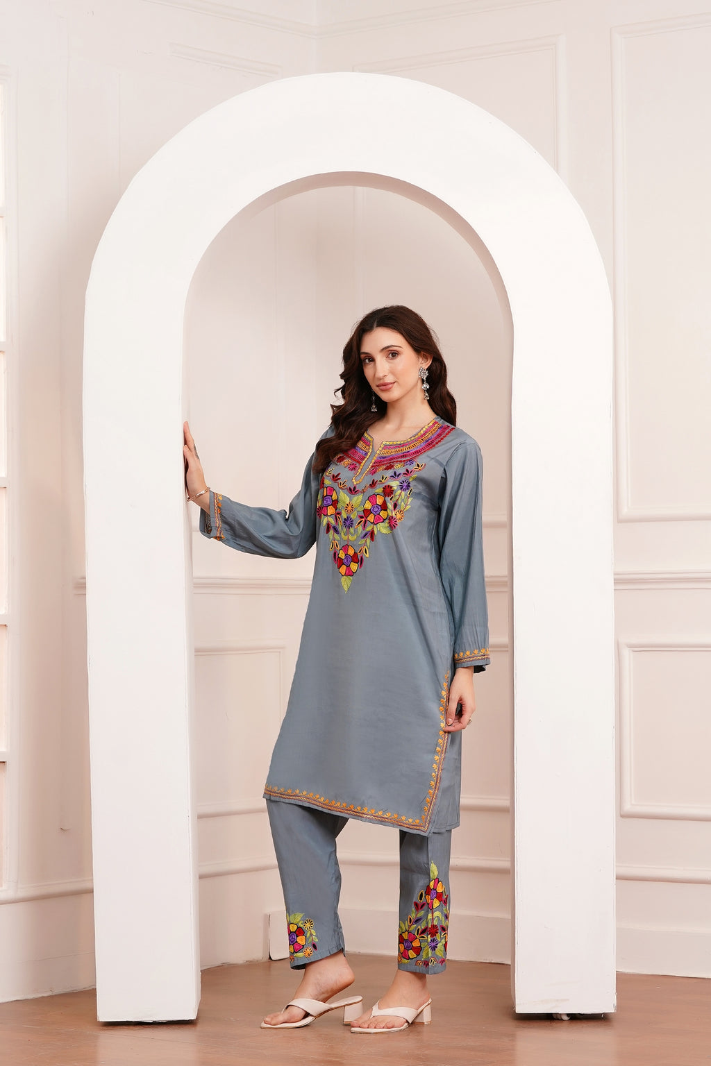 Kashmiri Aari work Roman Cotton Muslin 3pc Suit - Steel Mist