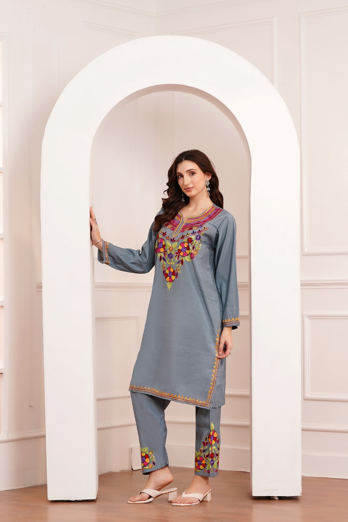 Kashmiri Aari work Roman Cotton Muslin 3pc Suit - Steel Mist