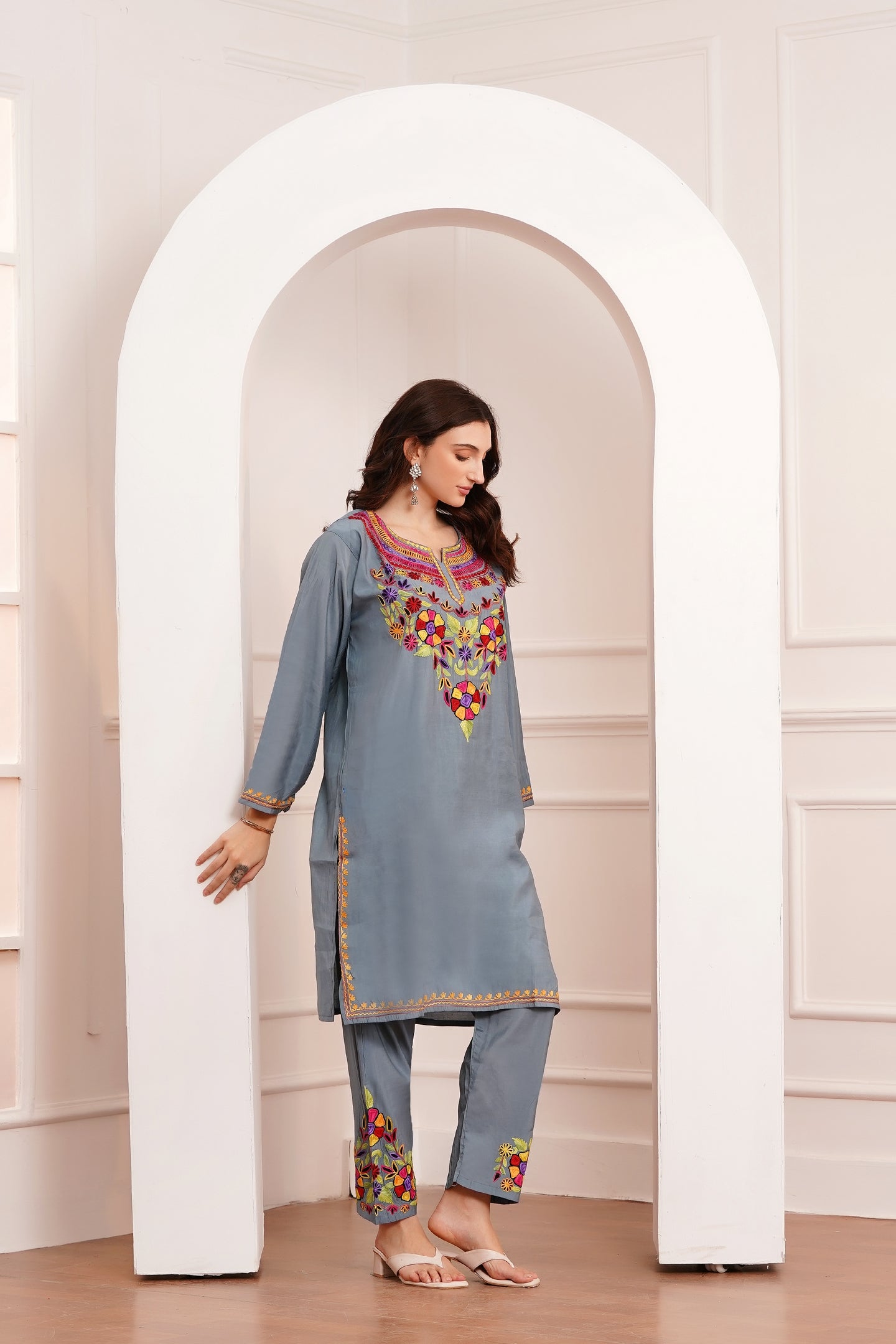 Kashmiri Aari work Roman Cotton Muslin 3pc Suit - Steel Mist