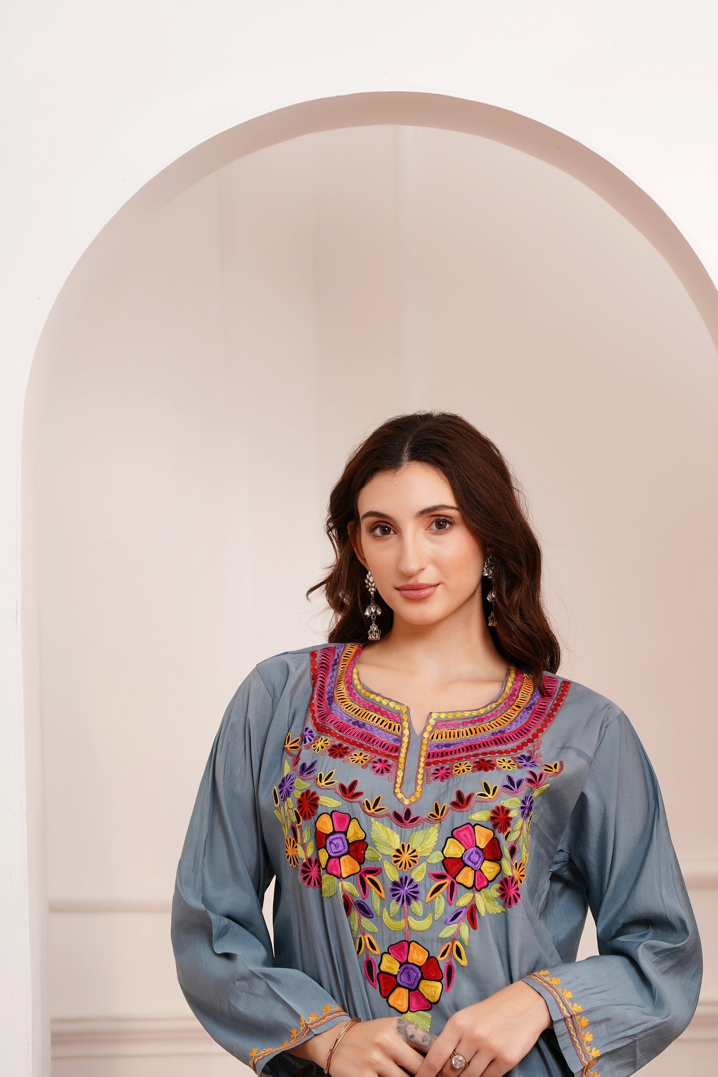 Kashmiri Aari work Roman Cotton Muslin 3pc Suit - Steel Mist