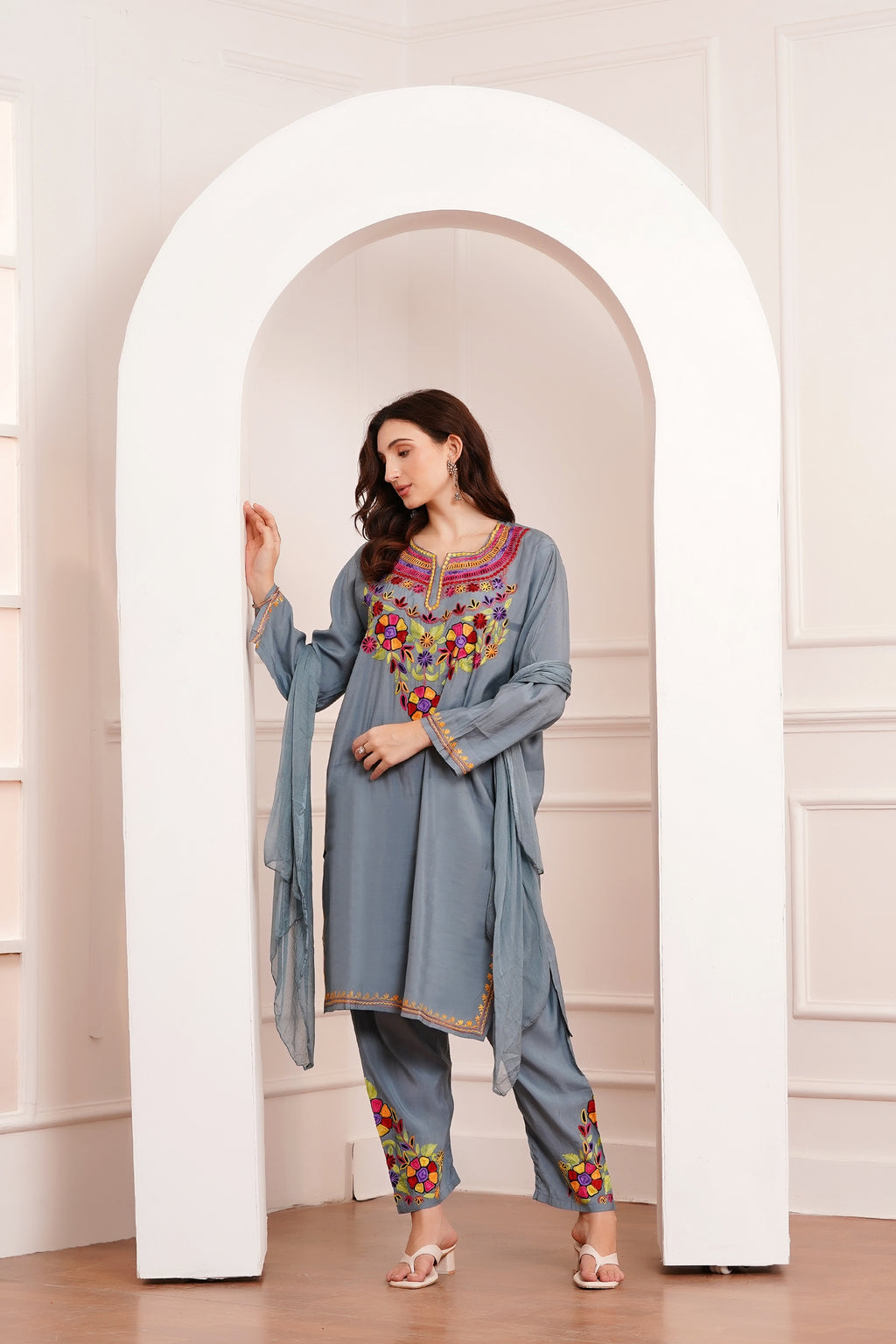 Kashmiri Aari work Roman Cotton Muslin 3pc Suit - Steel Mist