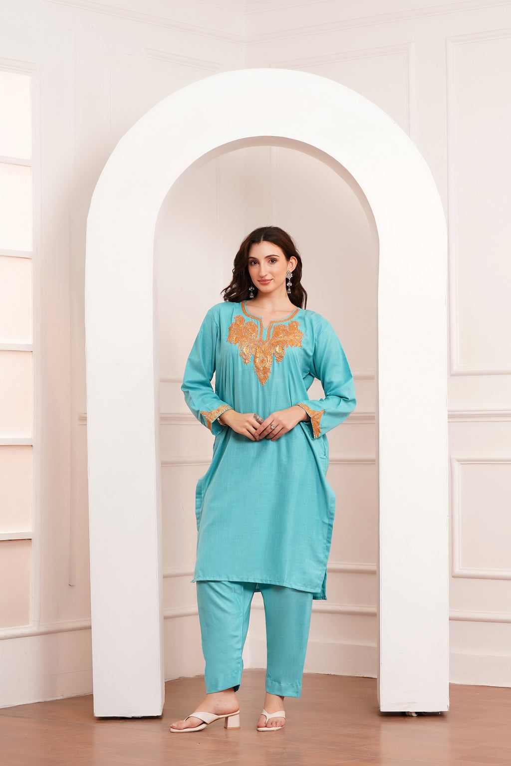 Kashmiri Cotton botta Tilla - 3pc set - Lagoon Turquoise