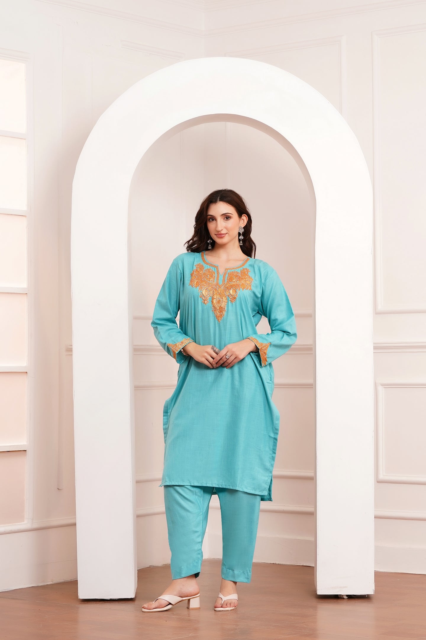 Kashmiri Cotton botta Tilla - 3pc set - Lagoon Turquoise