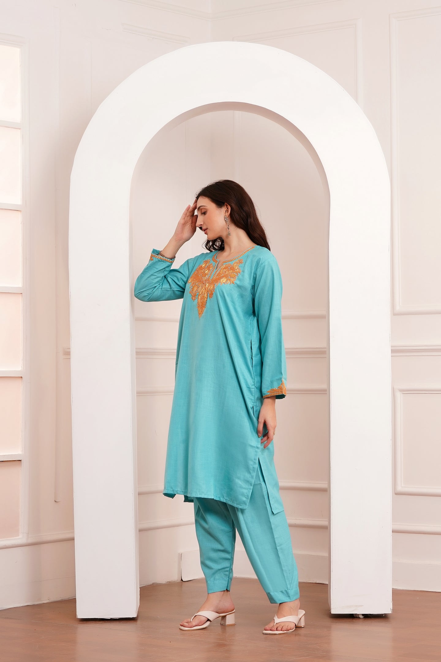 Kashmiri Cotton botta Tilla - 3pc set - Lagoon Turquoise