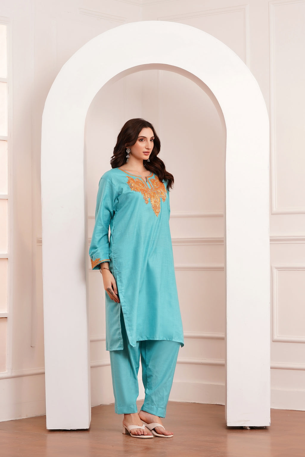 Kashmiri Cotton botta Tilla - 3pc set - Lagoon Turquoise