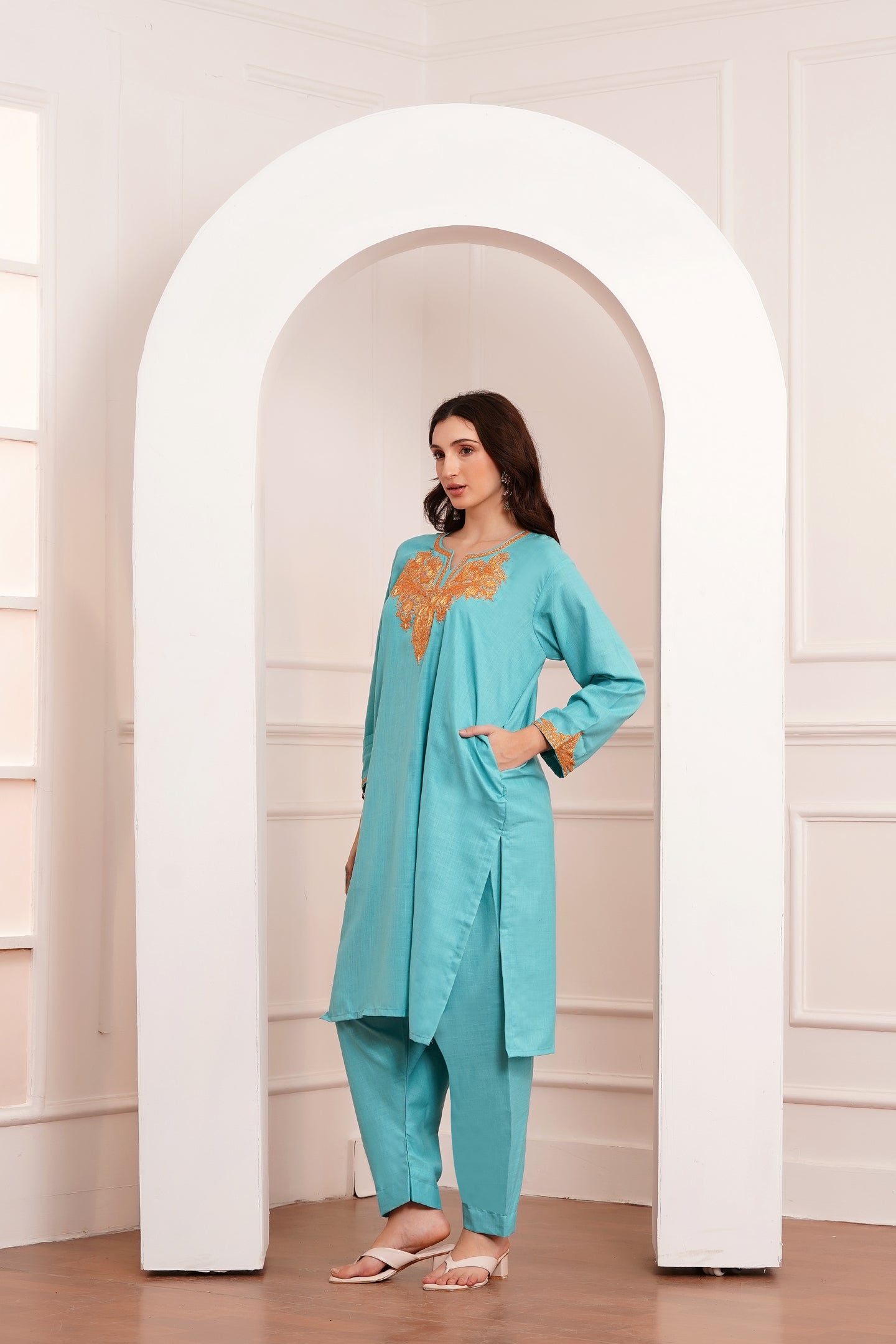 Kashmiri Cotton botta Tilla - 3pc set - Lagoon Turquoise