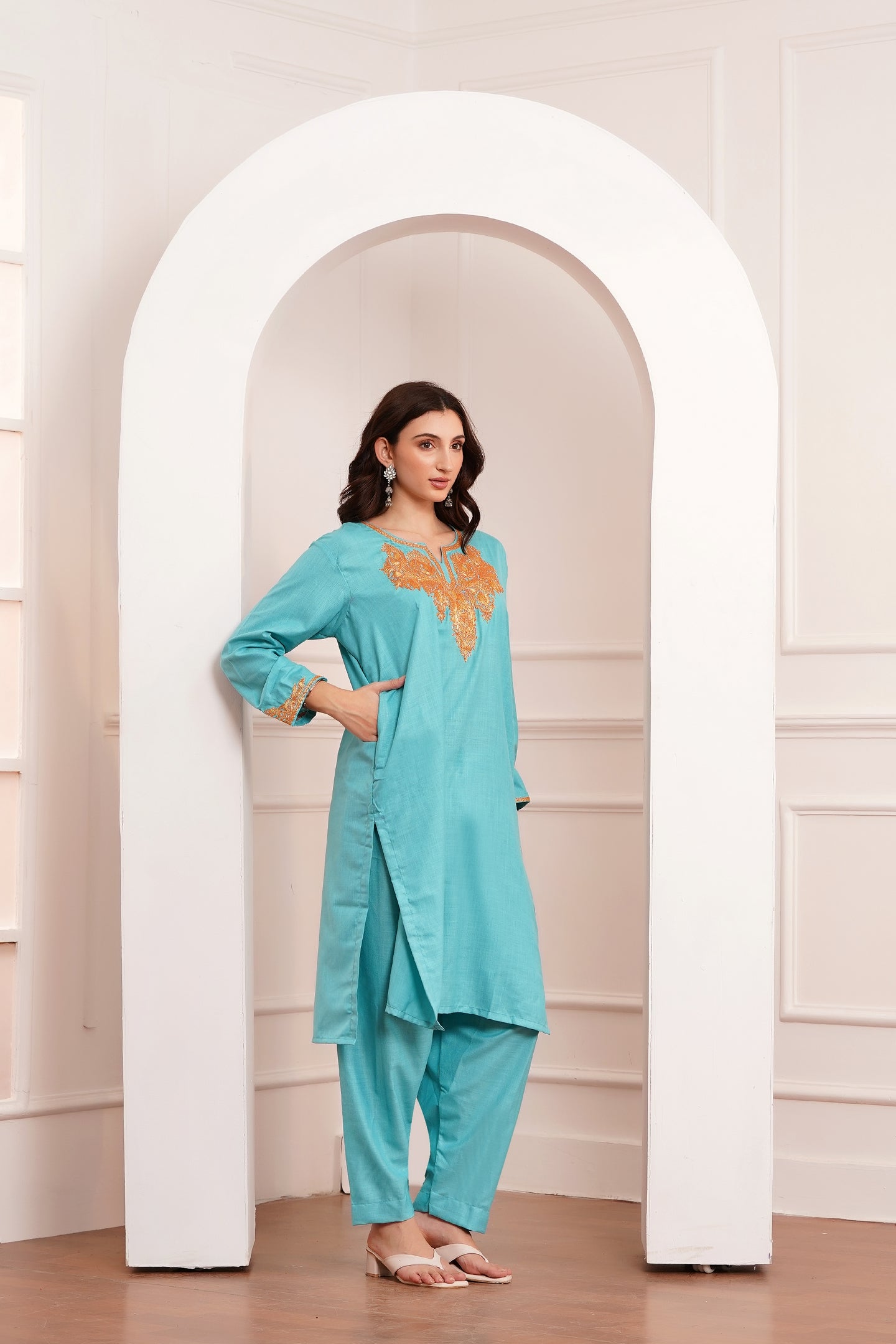 Kashmiri Cotton botta Tilla - 3pc set - Lagoon Turquoise