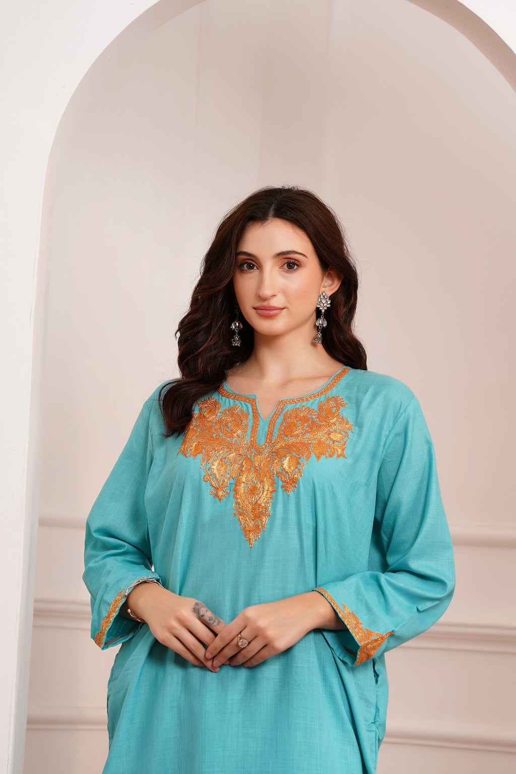 Kashmiri Cotton botta Tilla - 3pc set - Lagoon Turquoise