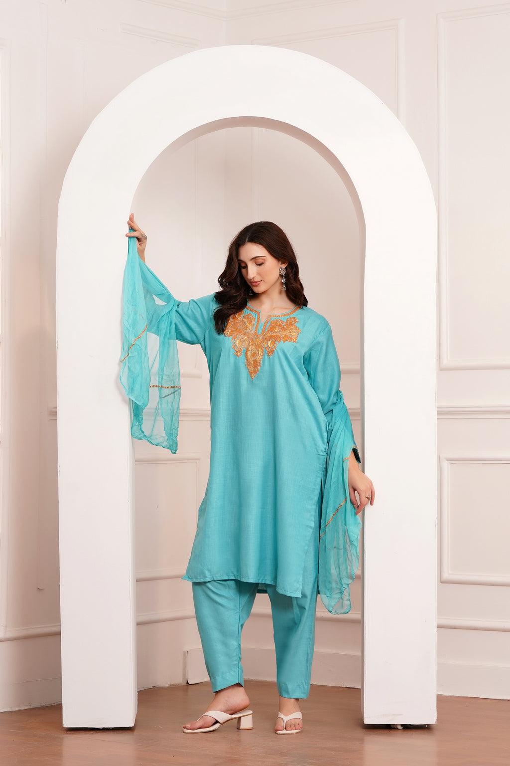 Kashmiri Cotton botta Tilla - 3pc set - Lagoon Turquoise