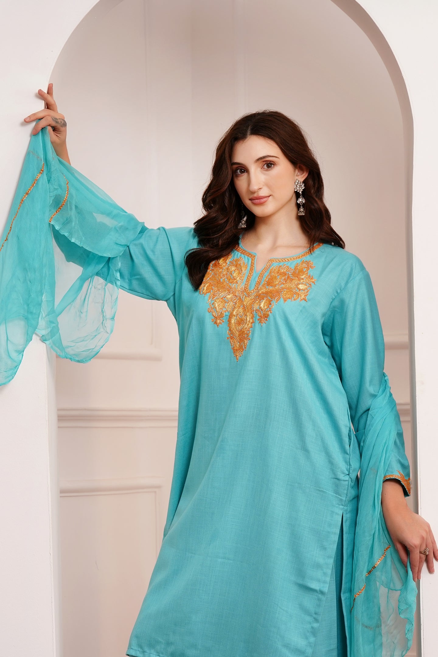 Kashmiri Cotton botta Tilla - 3pc set - Lagoon Turquoise