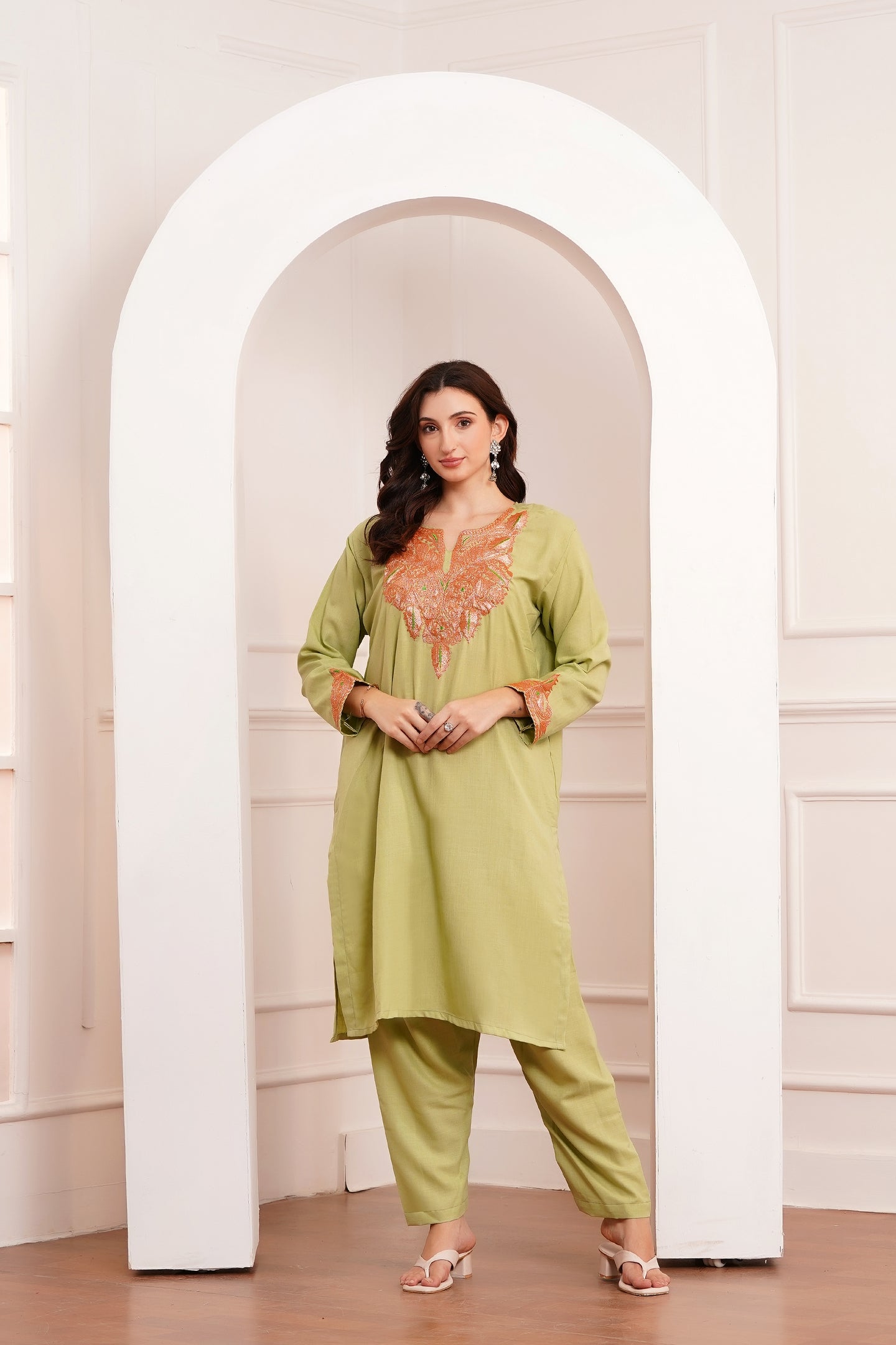 Kashmiri Cotton botta Tilla - 3pc set - Pistachio Sage