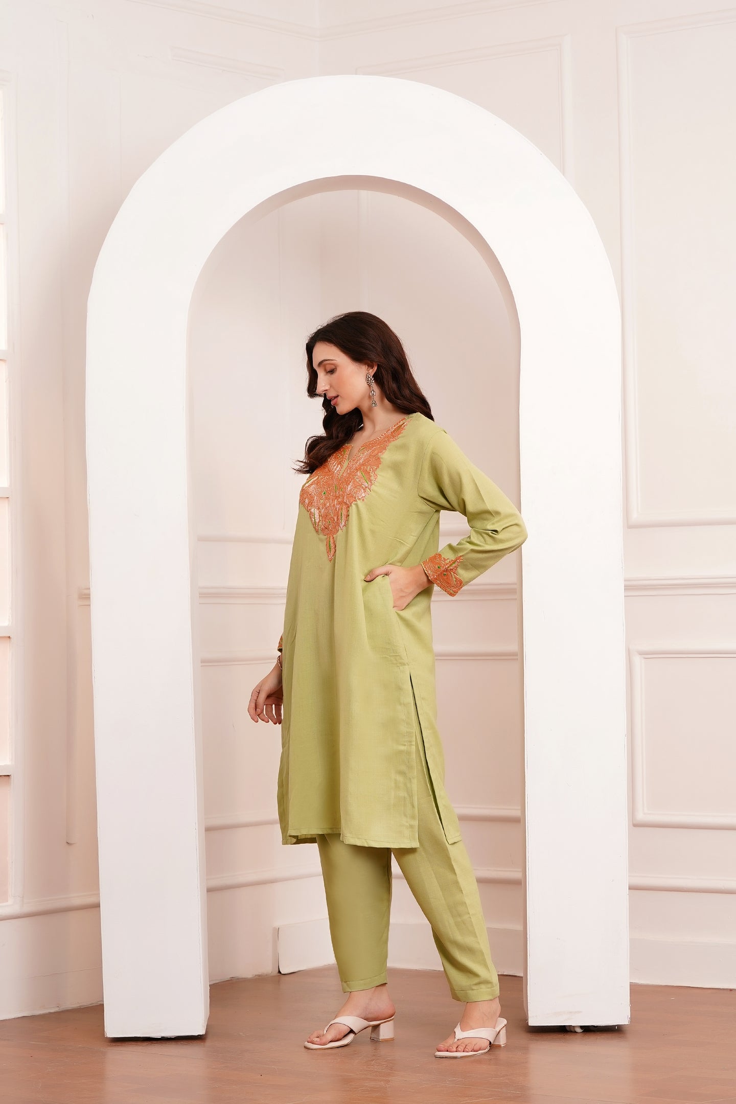 Kashmiri Cotton botta Tilla - 3pc set - Pistachio Sage