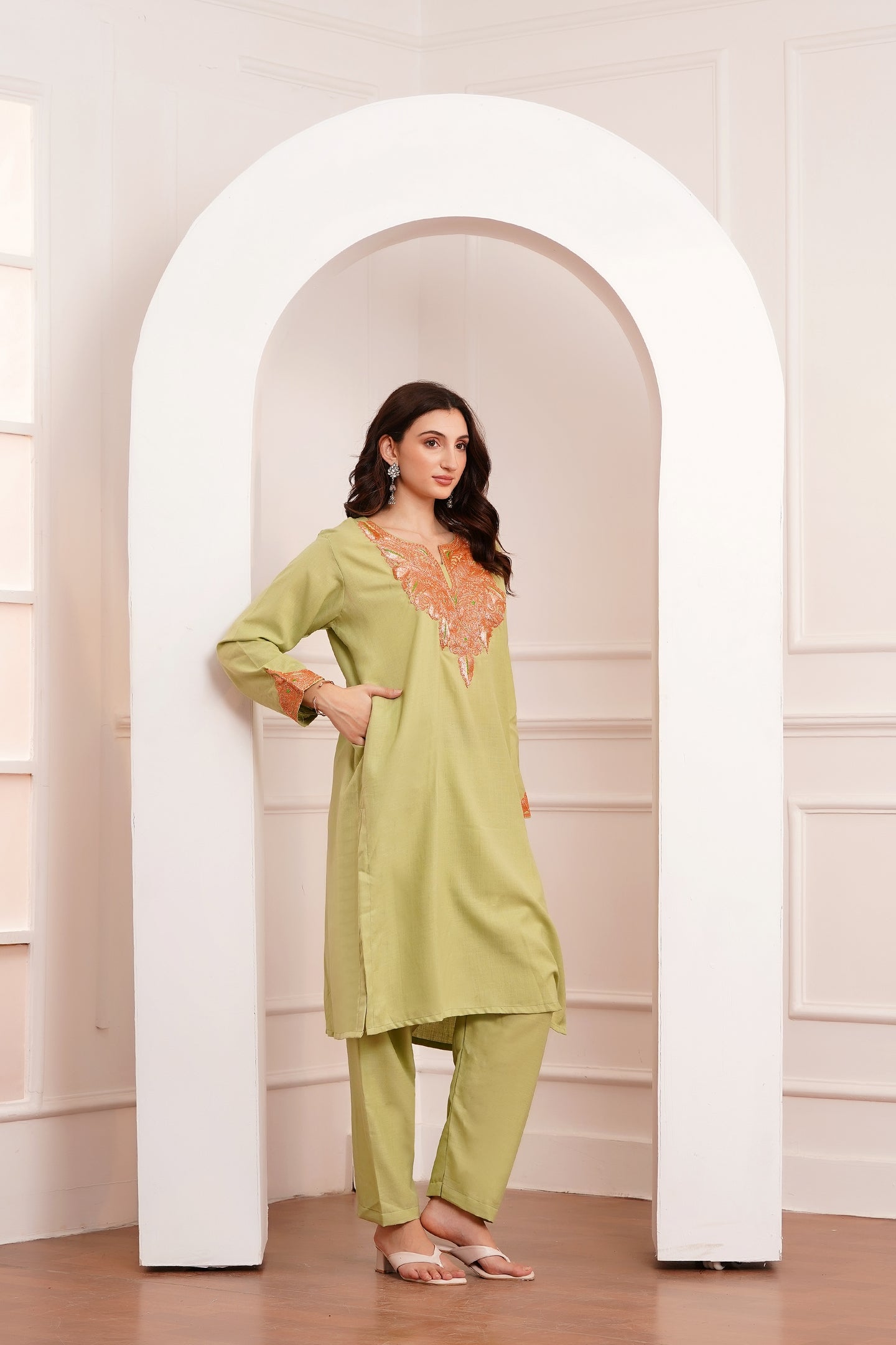 Kashmiri Cotton botta Tilla - 3pc set - Pistachio Sage