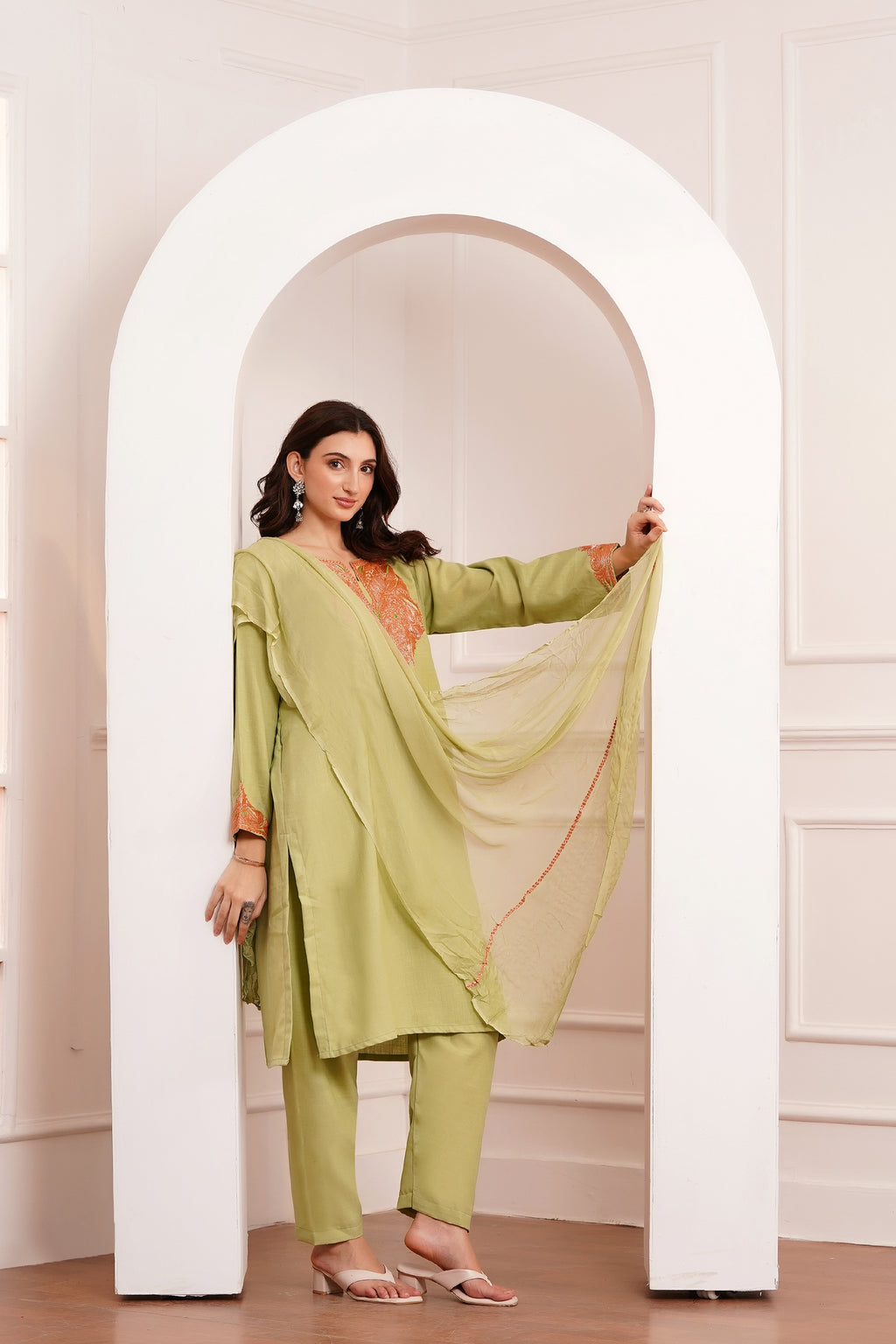 Kashmiri Cotton botta Tilla - 3pc set - Pistachio Sage