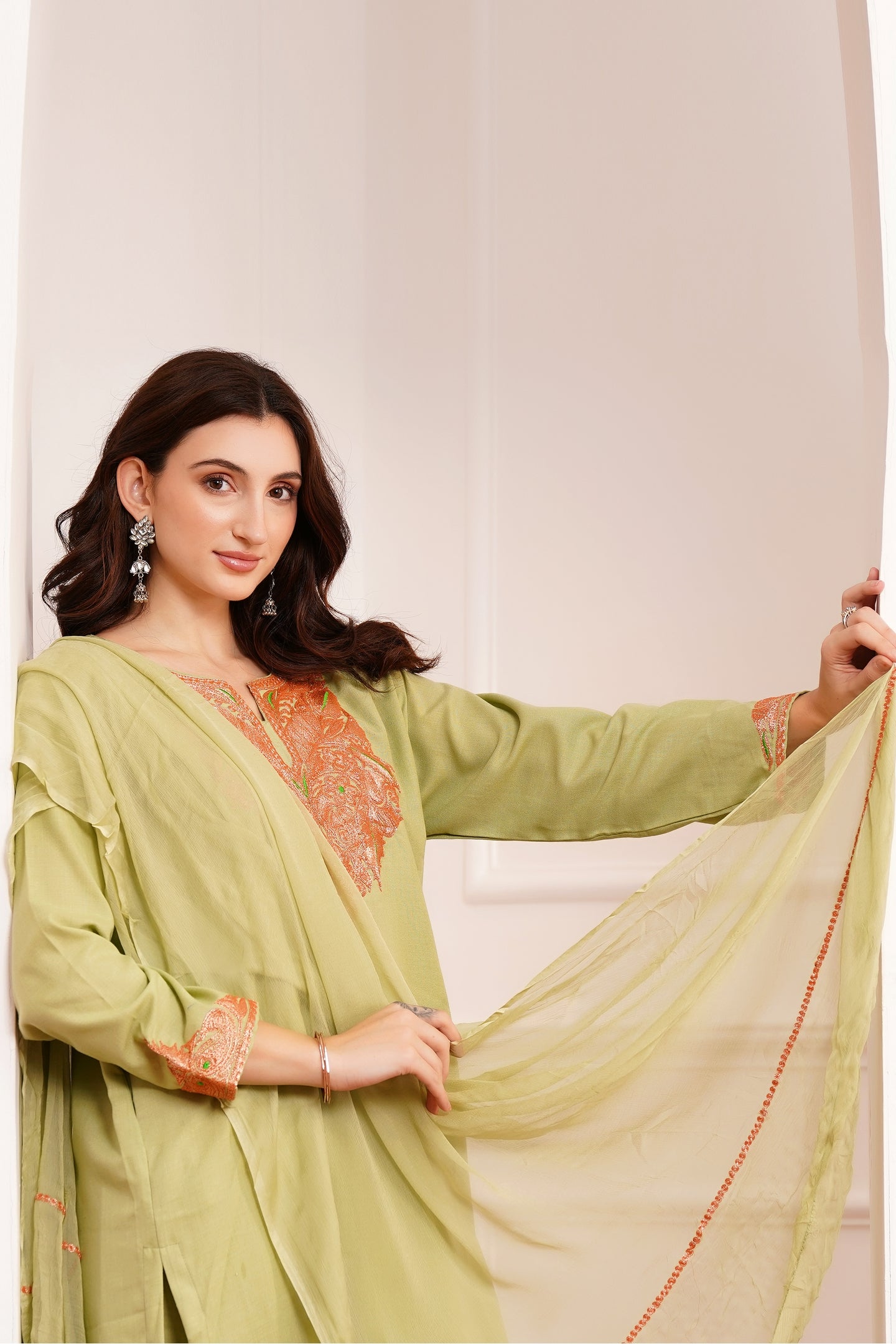 Kashmiri Cotton botta Tilla - 3pc set - Pistachio Sage