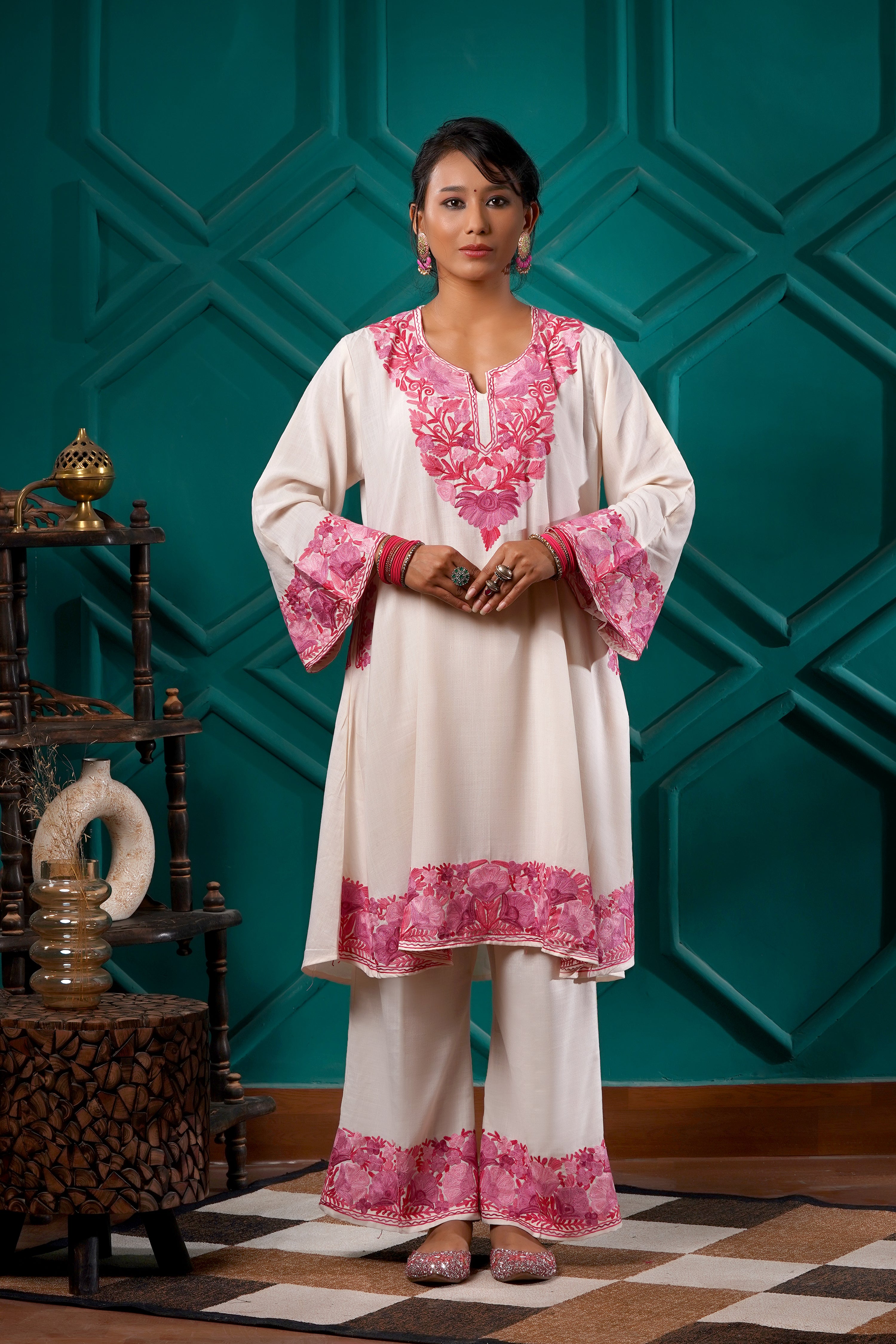 Kashmiri Bouquet Malai Cotton Tunic & Pant Set - Rose Ivory