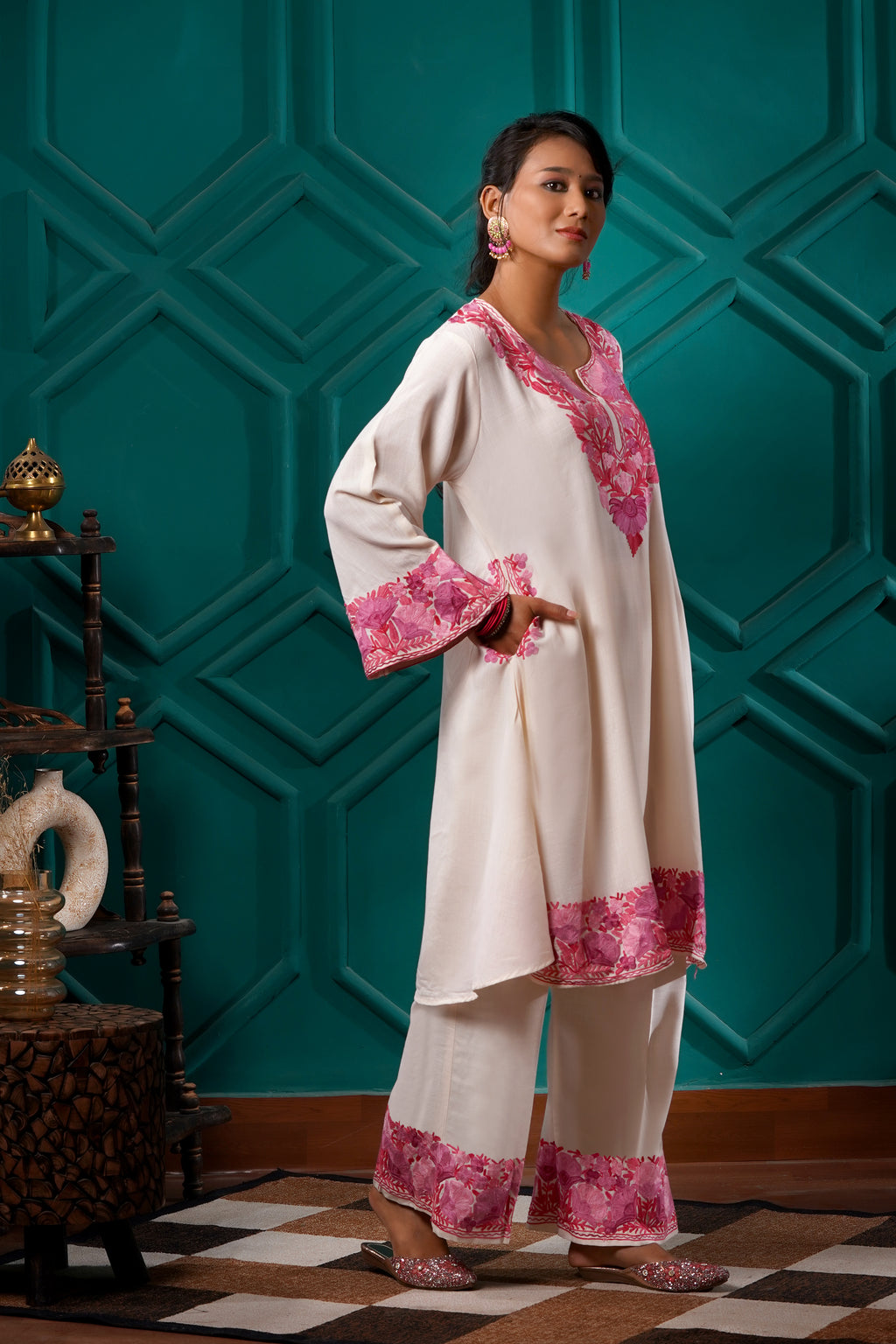 Kashmiri Bouquet Malai Cotton Tunic & Pant Set - Rose Ivory