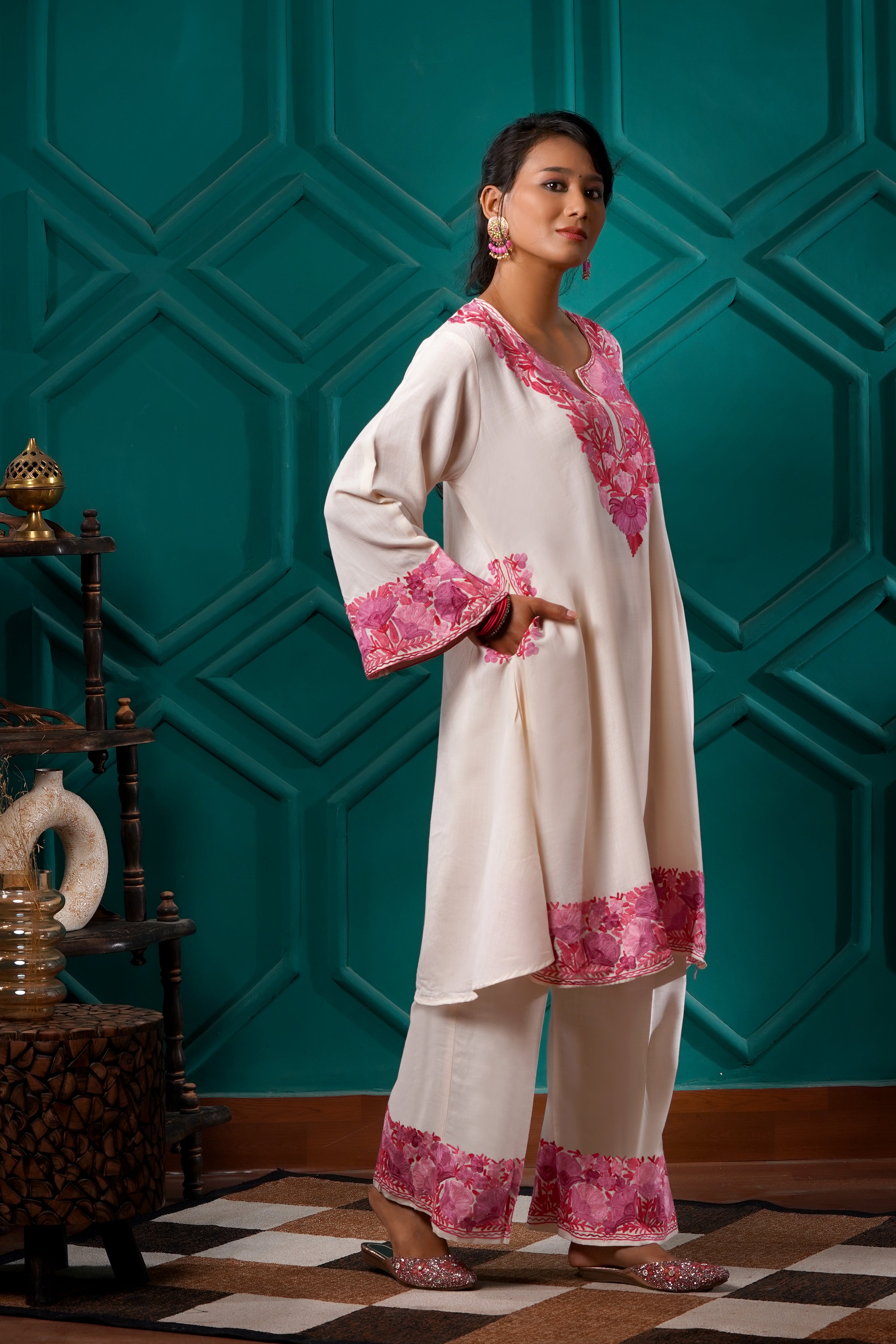Kashmiri Bouquet Malai Cotton Tunic & Pant Set - Rose Ivory