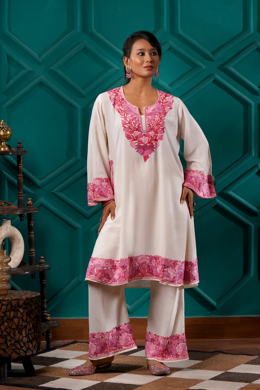 Kashmiri Bouquet Malai Cotton Tunic & Pant Set - Rose Ivory
