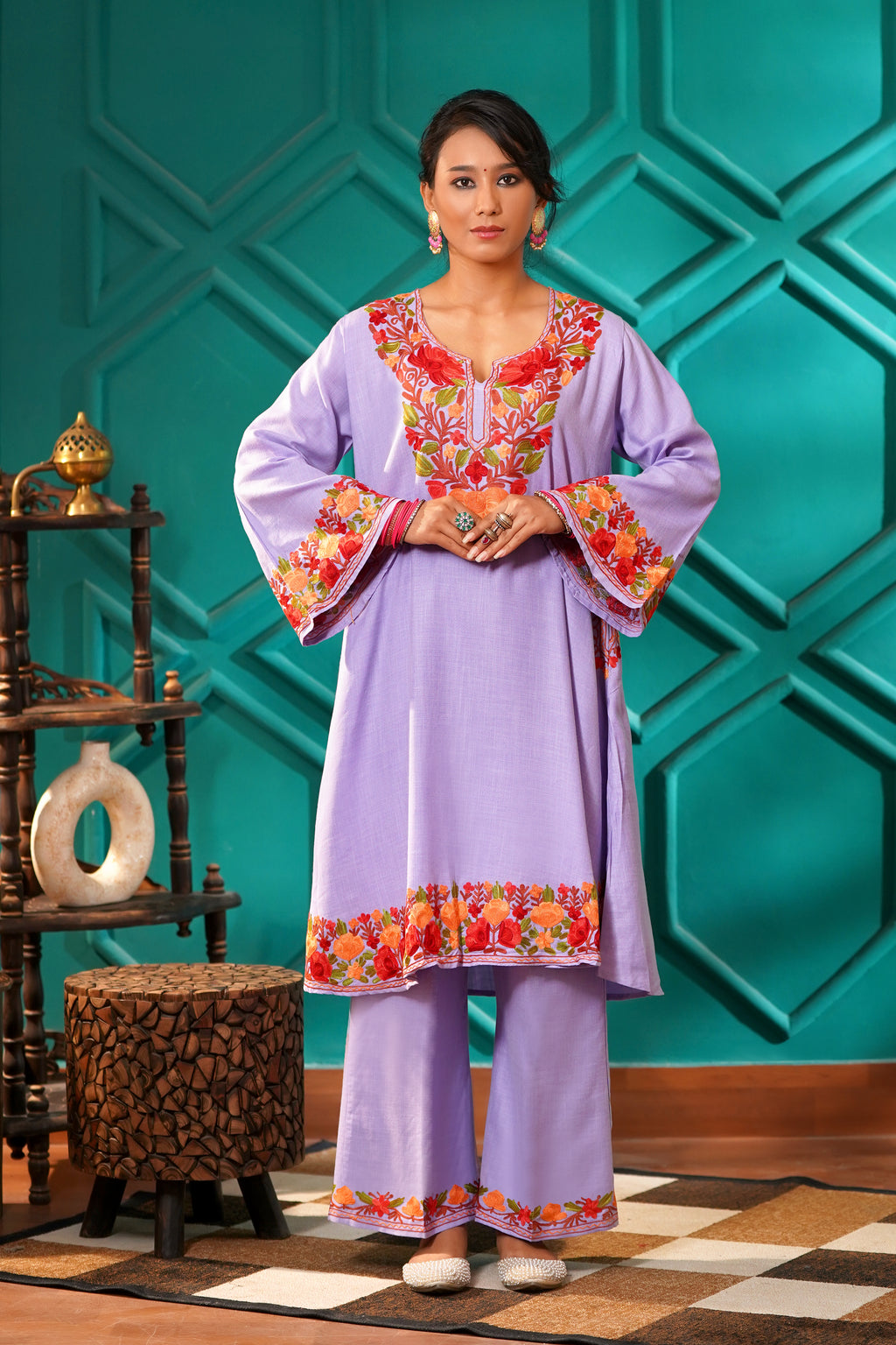 Kashmiri Bouquet Malai Cotton Tunic & Pant Set - Lilac Blossom